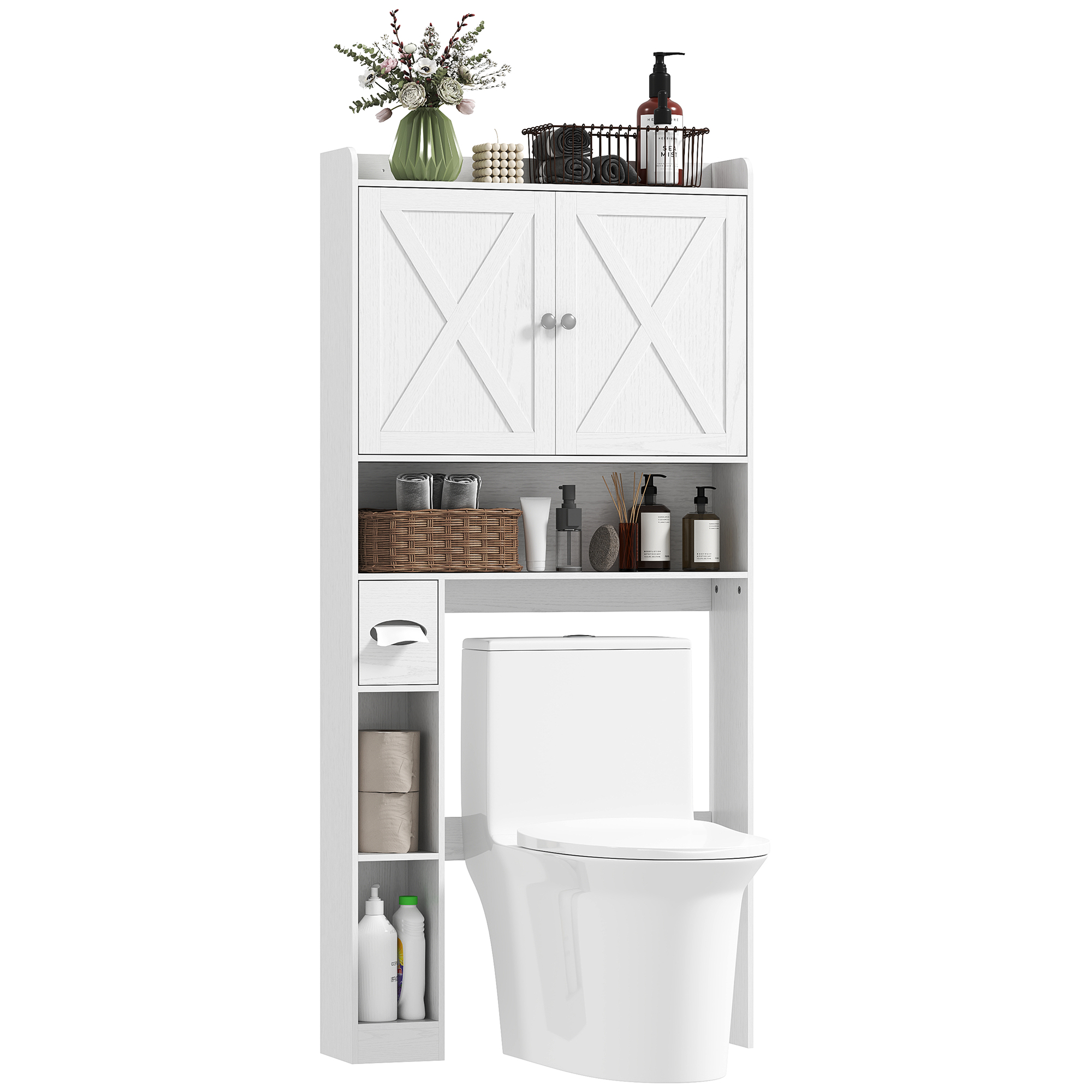 HOMCOM Mobilier WC deasupra toaletei cu dulap uși în formă de X, raft reglabil, compartimente și suport de hârtie, alb | Aosom Romania
