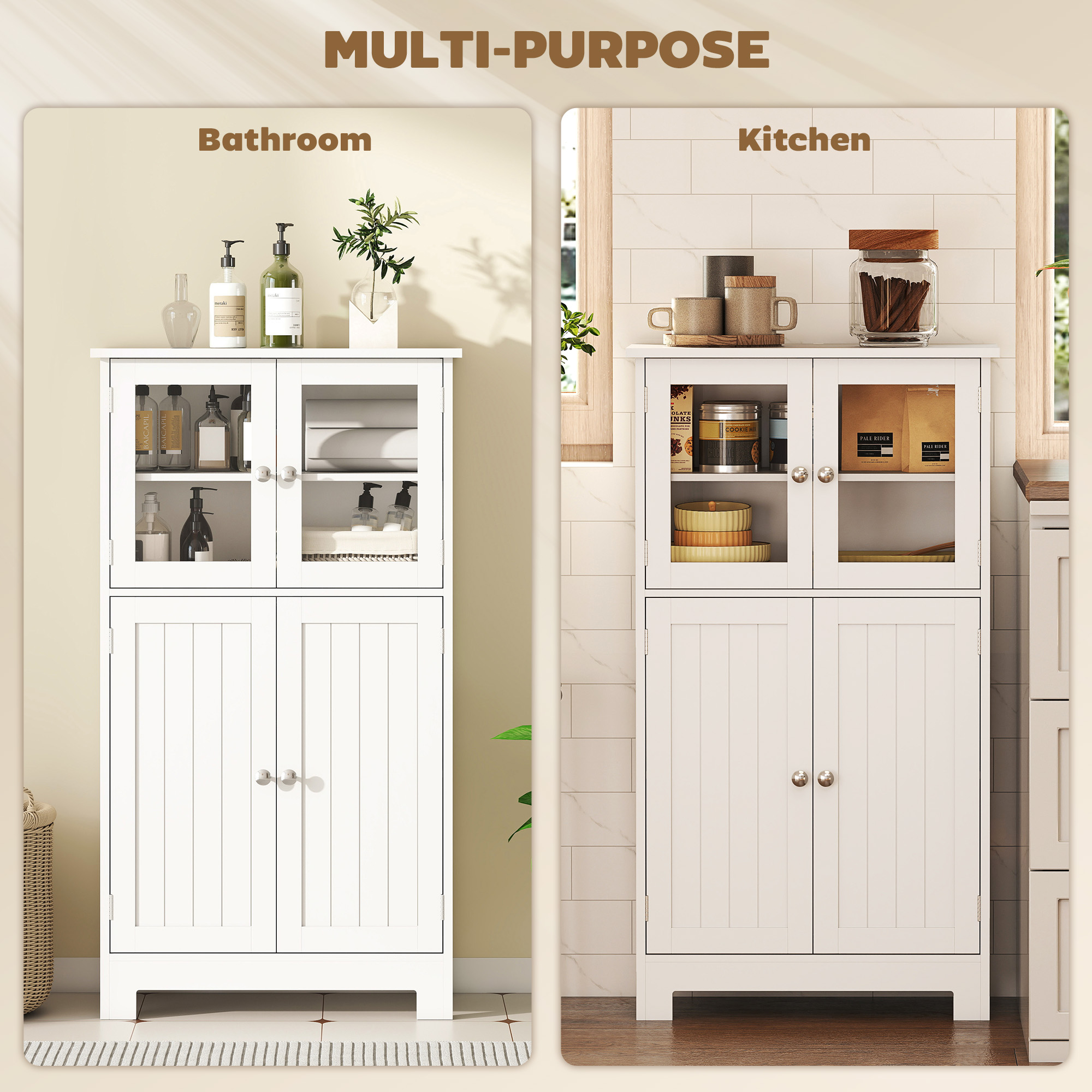 kleankin Bathroom Floor Cabinet, Freestanding Kitchen Cupboard with 2 Drawers, Adjustable Shelves and Tempered Glass Door, Wooden  Storage Unit for Living Room Kitchen Hallway 4