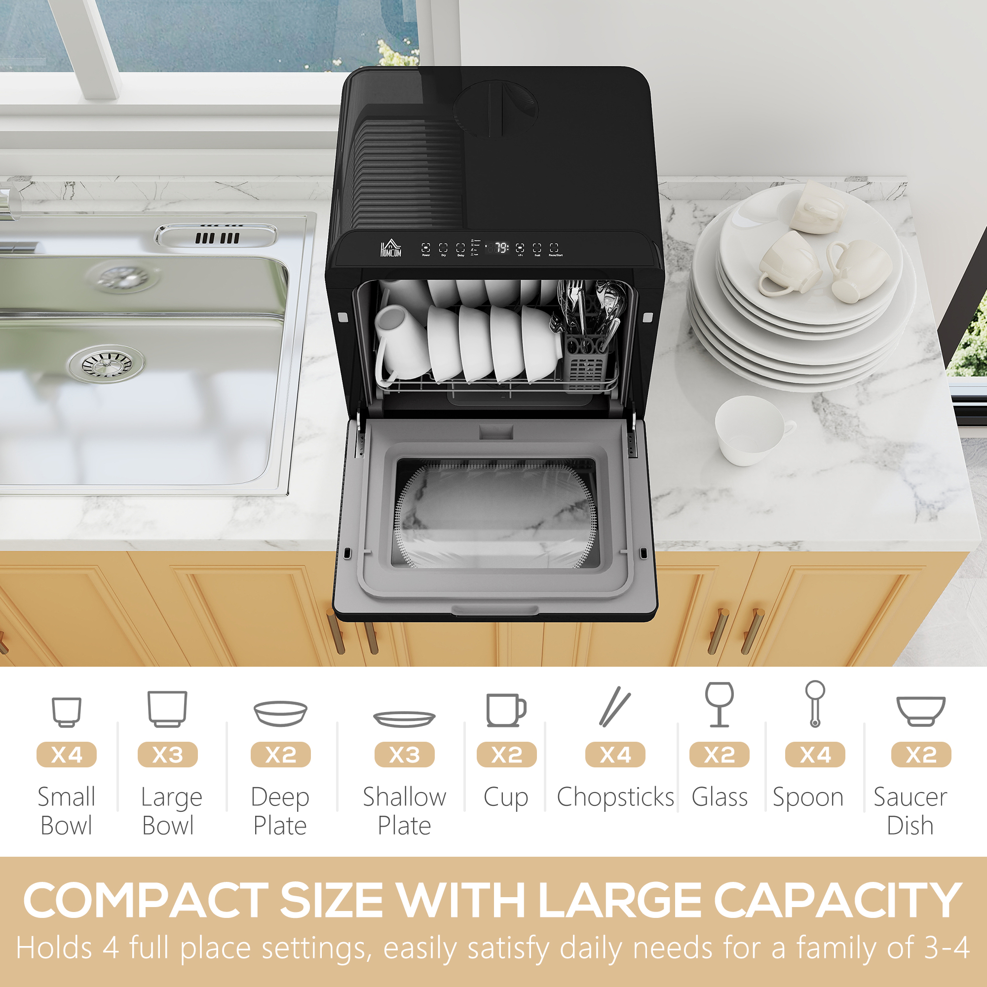 HOMCOM Table Top Dishwasher with Built-in 6L Water Tank, Mini Countertop Dishwasher with 6 Programs, 4 Place Settings, Black 4