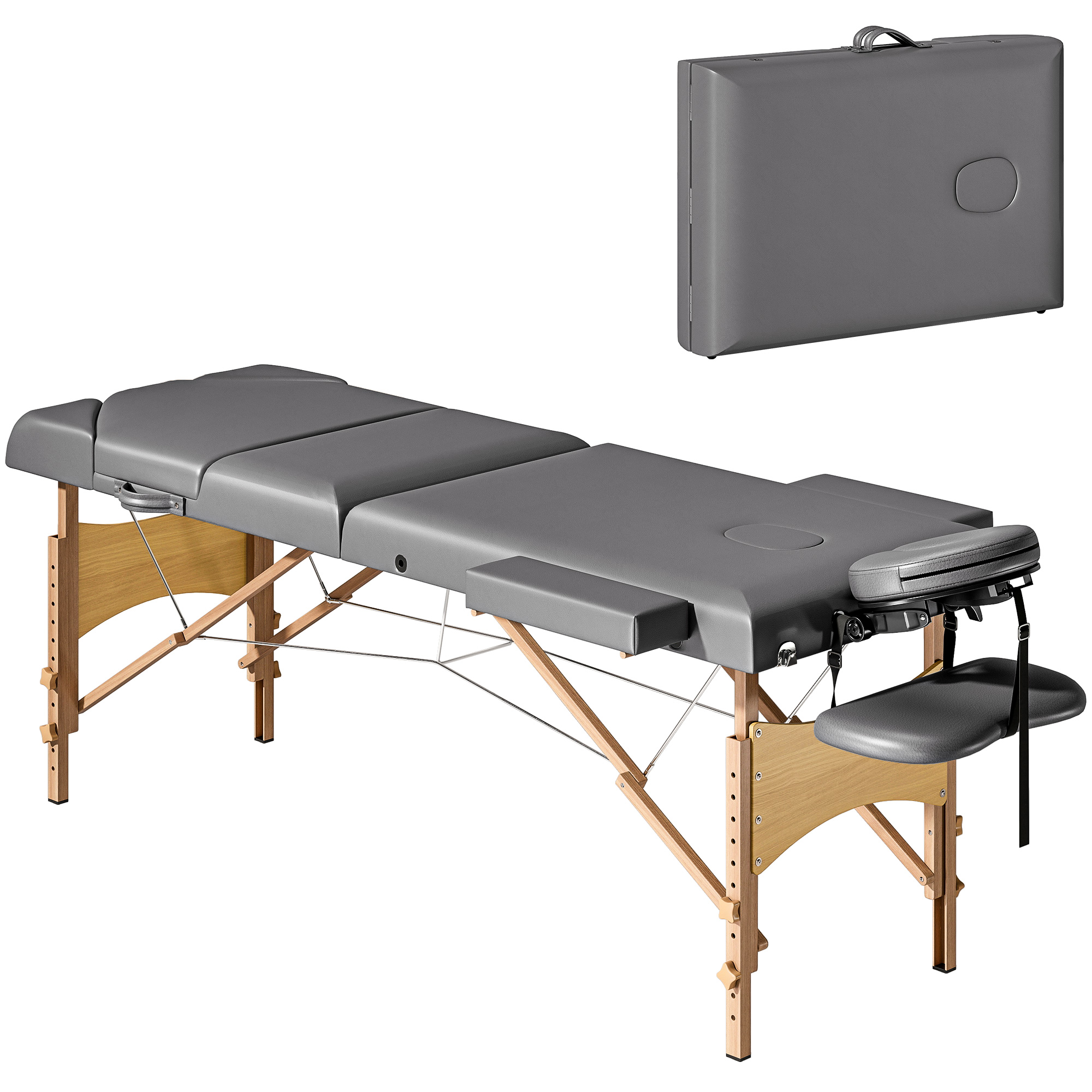 HOMCOM Masă de Masaj Pliabilă din Lemn de 3 Zone cu Înălțime Spătar Suport pentru Cap Ajustabile Brațe 215x60x64-89 cm Gri | Aosom Romania