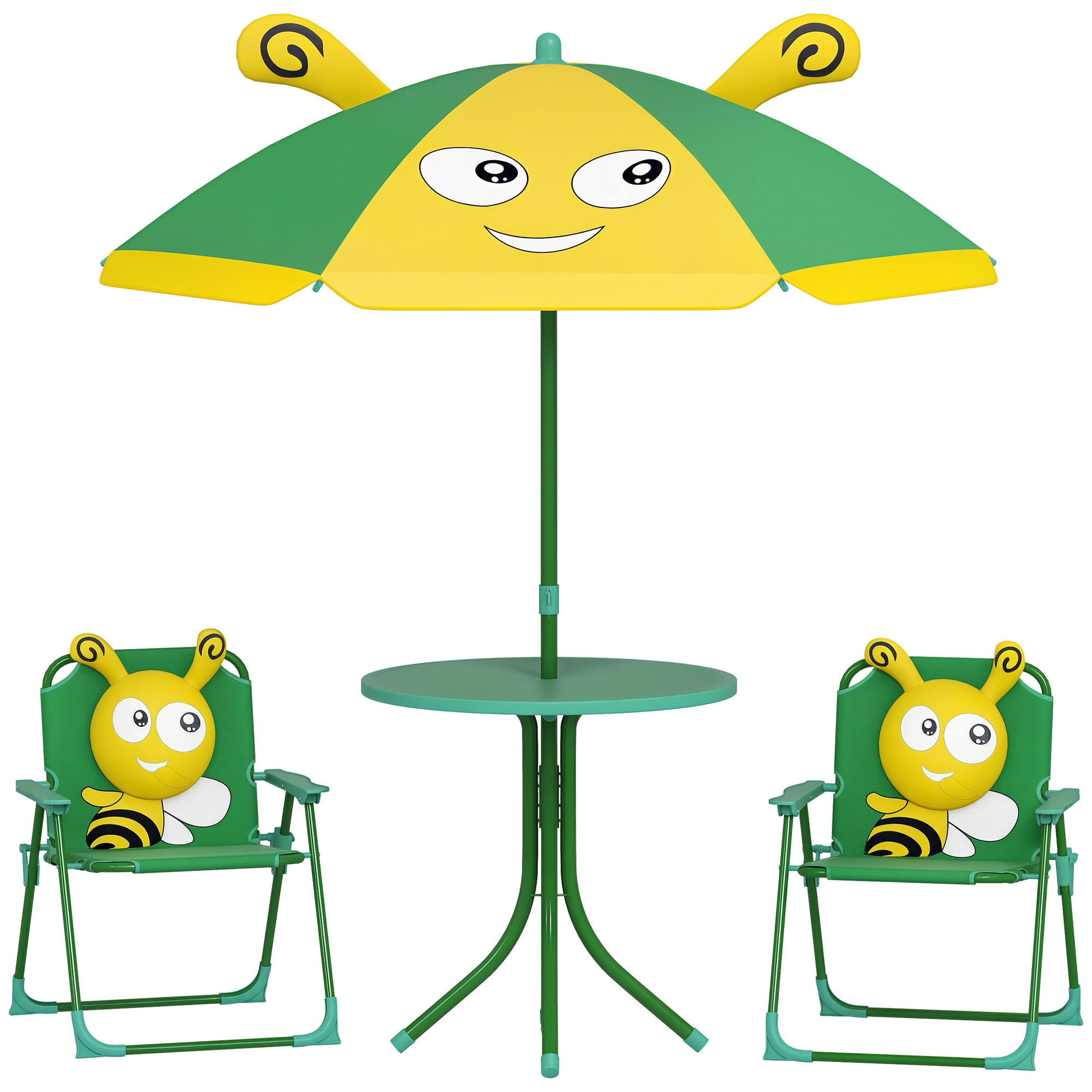 Set mobilier de grădină pentru copii AIYAPLAY, Scaune, Masa, Umbrelă, Design de Albinuțe, Verde+Galben | Aosom Romania