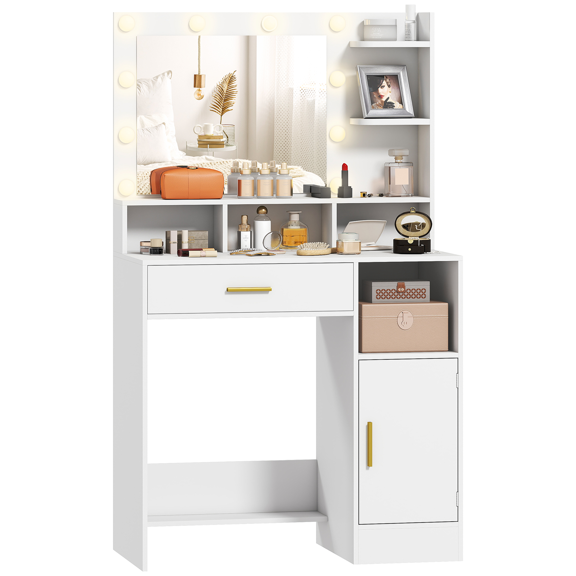 HOMCOM Coafură cu oglindă și 10 lumini LED, luminozitate reglabilă, sertar, dulap și rafturi deschise, 80x40x135cm, alb | Aosom Romania