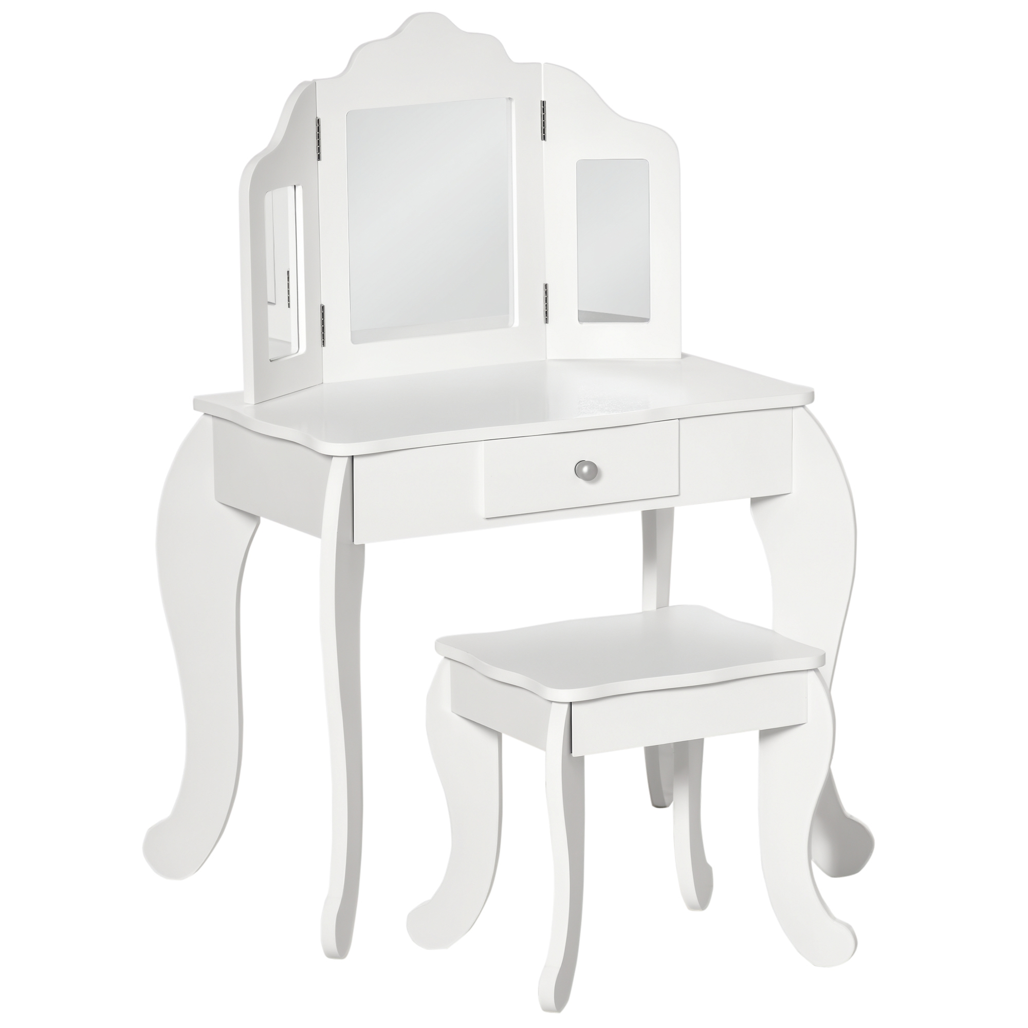 HOMCOM Coafatoare pentru Copii cu Taburet, oglindă triptică și Sertar Culisant - Dimensiuni Coafatoare 63L x 40l x 85,5H cm - Alb Acrilic | Aosom Romania