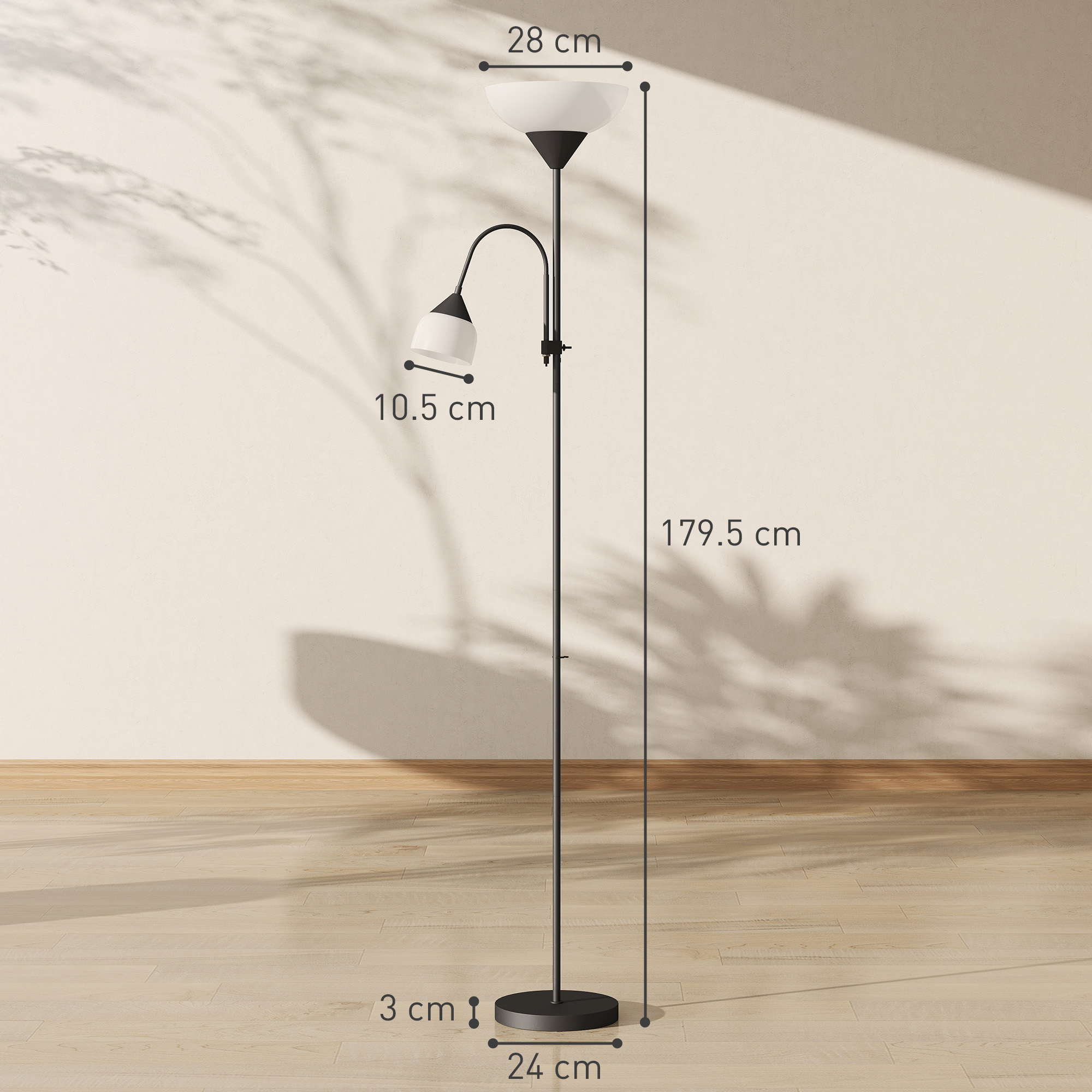 HOMCOM LED Floor Lamp for Living Room, 180cm Tall Standing Lamp, Mother and Child Uplighter with Adjustable Gooseneck, 3000K/4500K/6500K Colour Temperatures, Black 3