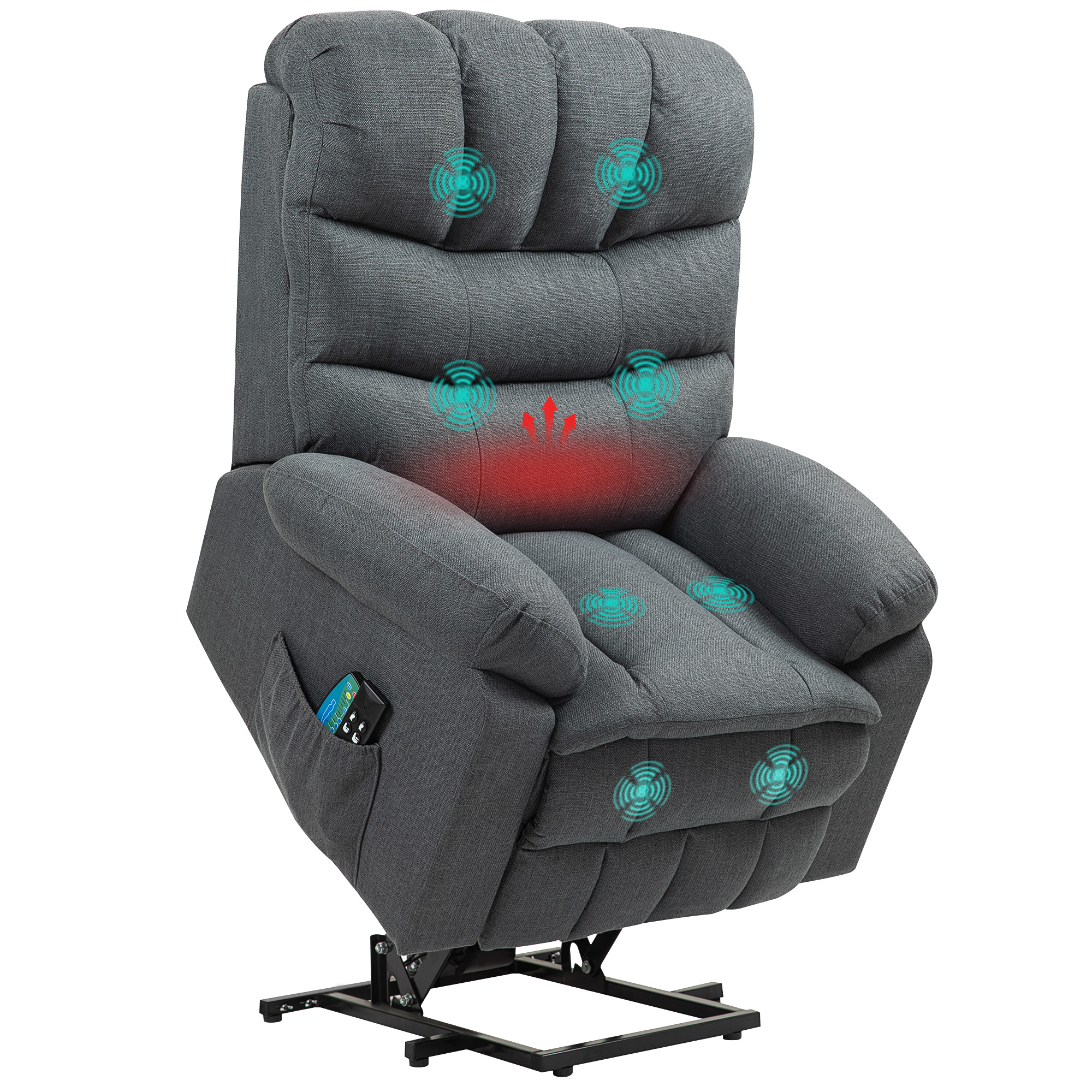 HOMCOM Fotoliu de ridicare, fotoliu electric de relaxare cu funcție de masaj, fotoliu capitonat cu funcție de ridicare, oțel, material textil, Gri | Aosom Romania