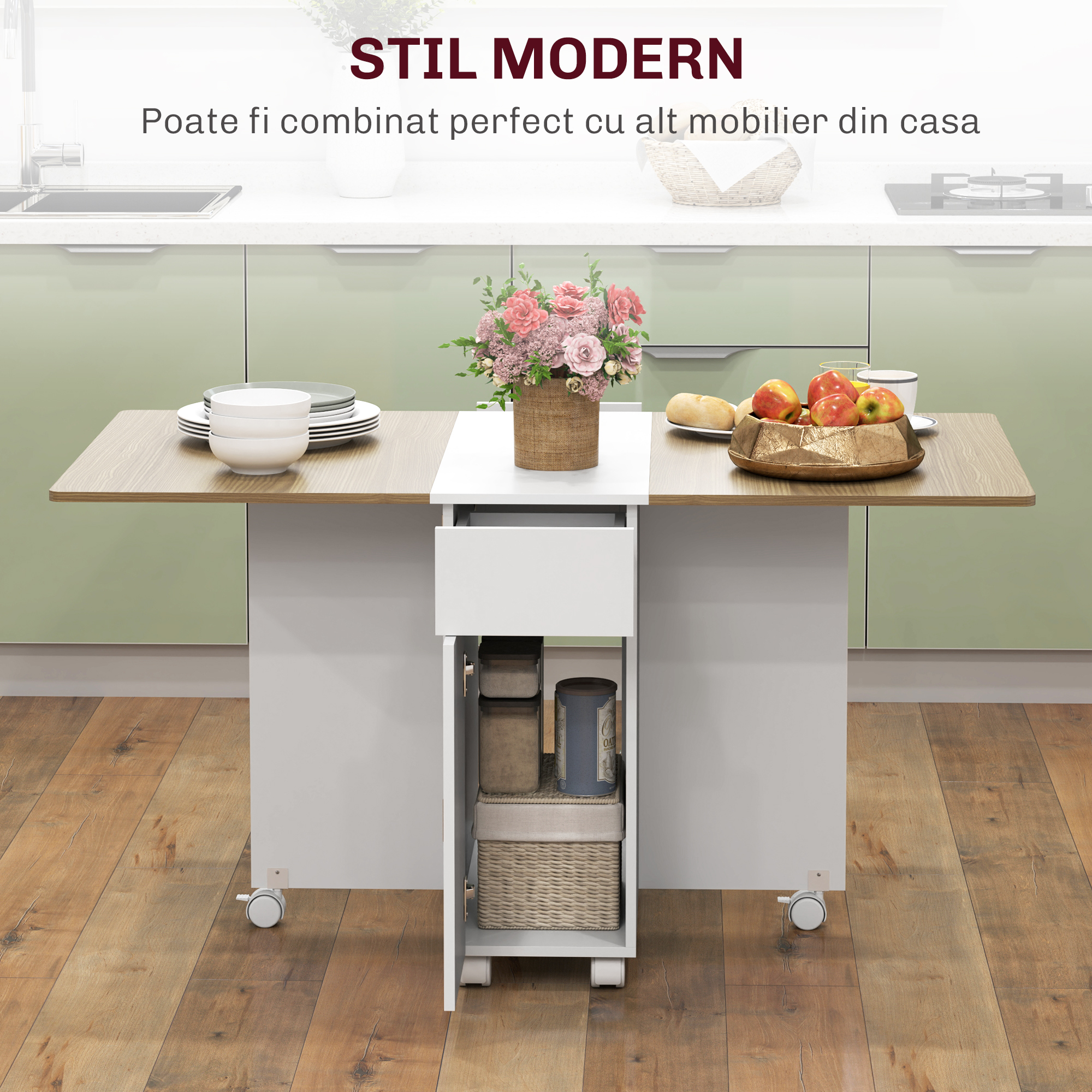  Masa dreptunghiulara extensibila cu 2 sertare si un dulap din lemn, 140x76x74 cm, alb si lemn natural [3]