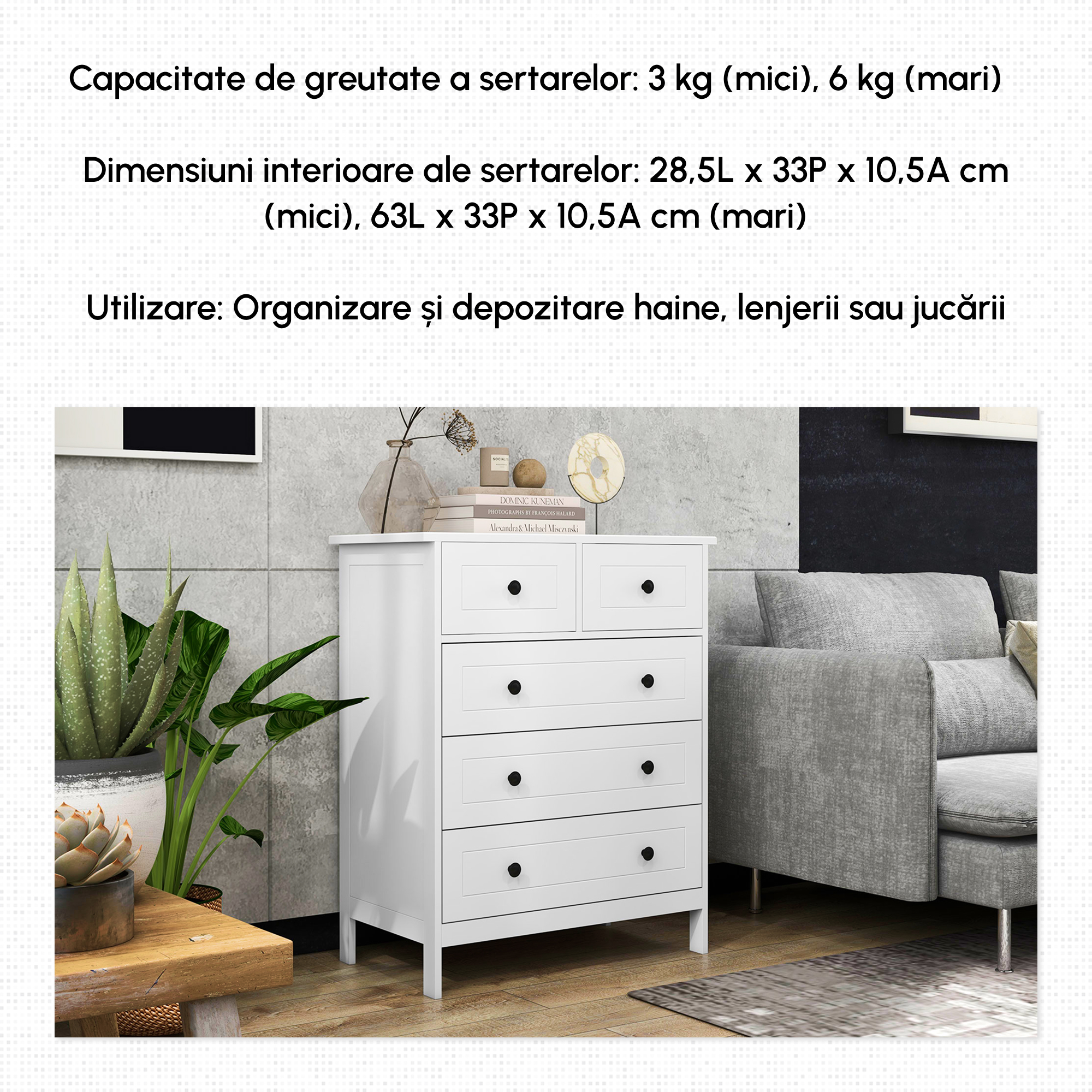  Comoda cu 5 Sertare cu Manere, Alb [6]