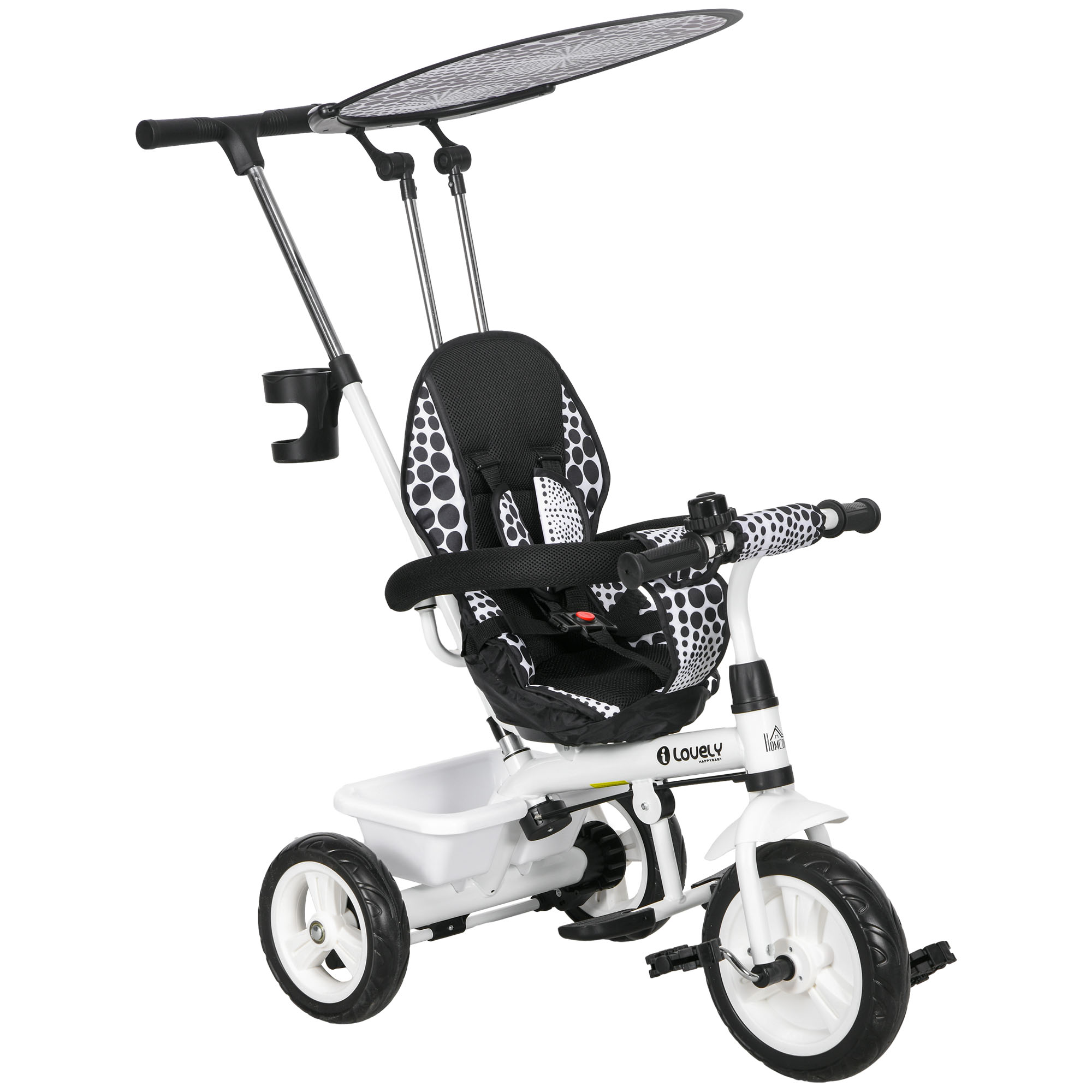 HOMCOM Triciclu Copii cu Umbrelă Pliabilă, Cană Detașabilă și Coș de Depozitare 105 x 47 x 98 cm Oțel Alb și Negru | Aosom Romania