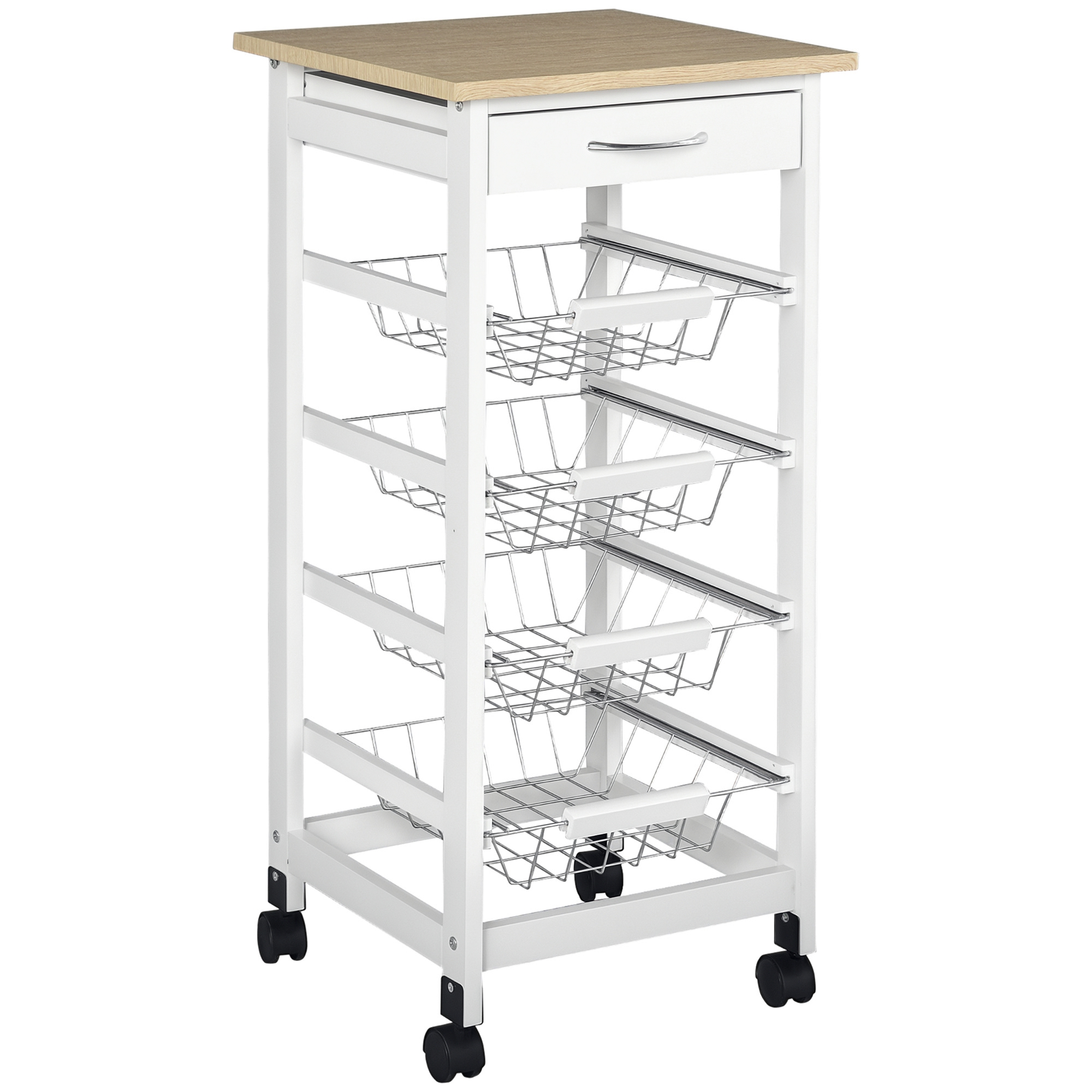 HOMCOM Cărucior de servire măsuță cu roți multi-rangements 4 coșuri metal + sertar lemn de pin 37 x 37 x 82 cm alb | Aosom Romania