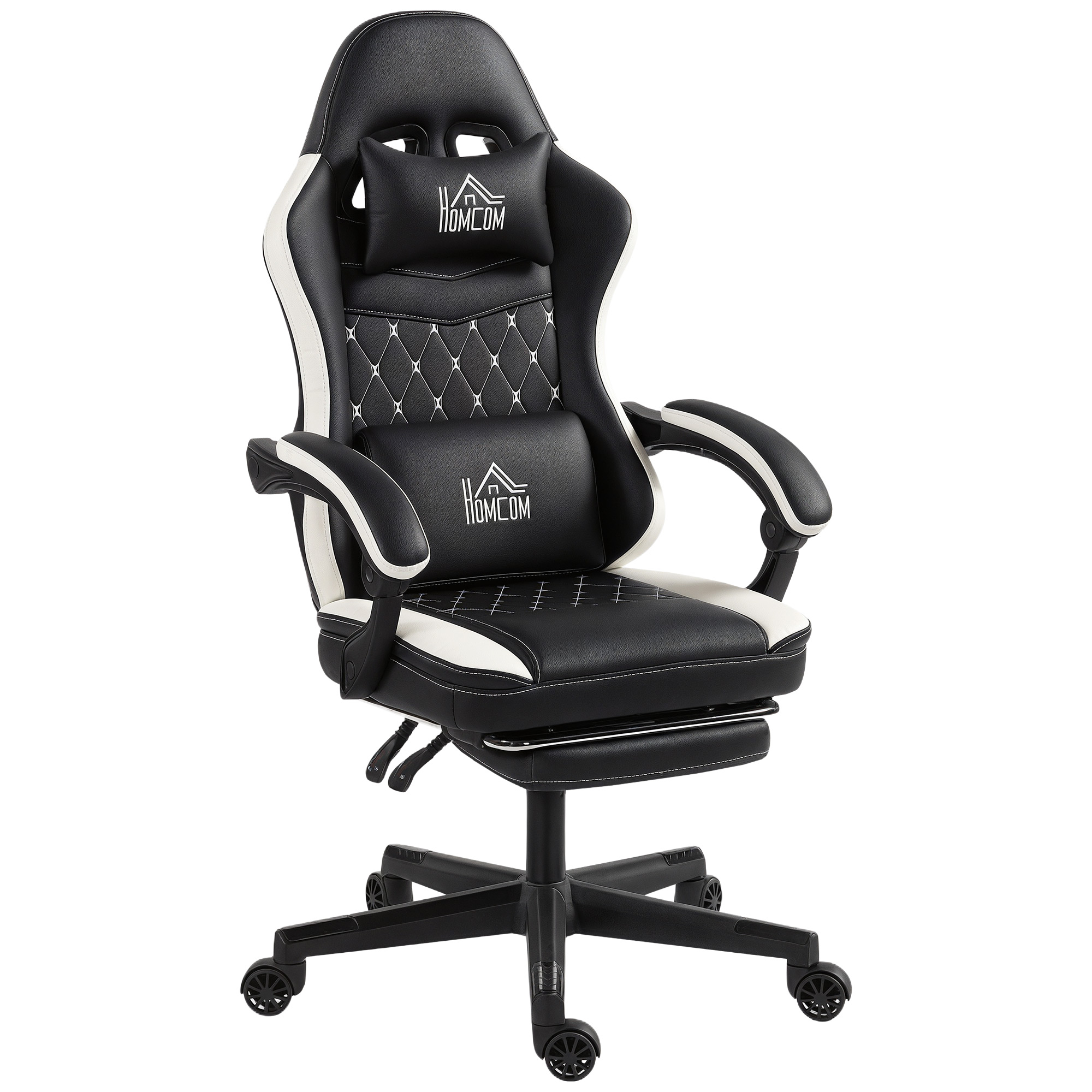 HOMCOM Chaise de jeu avec repose-pieds, chaise d'ordinateur avec coussin de tête & coussin, revêtement en similicuir, pivotante, réglable en hauteur, métal, plastique, noir+blanc