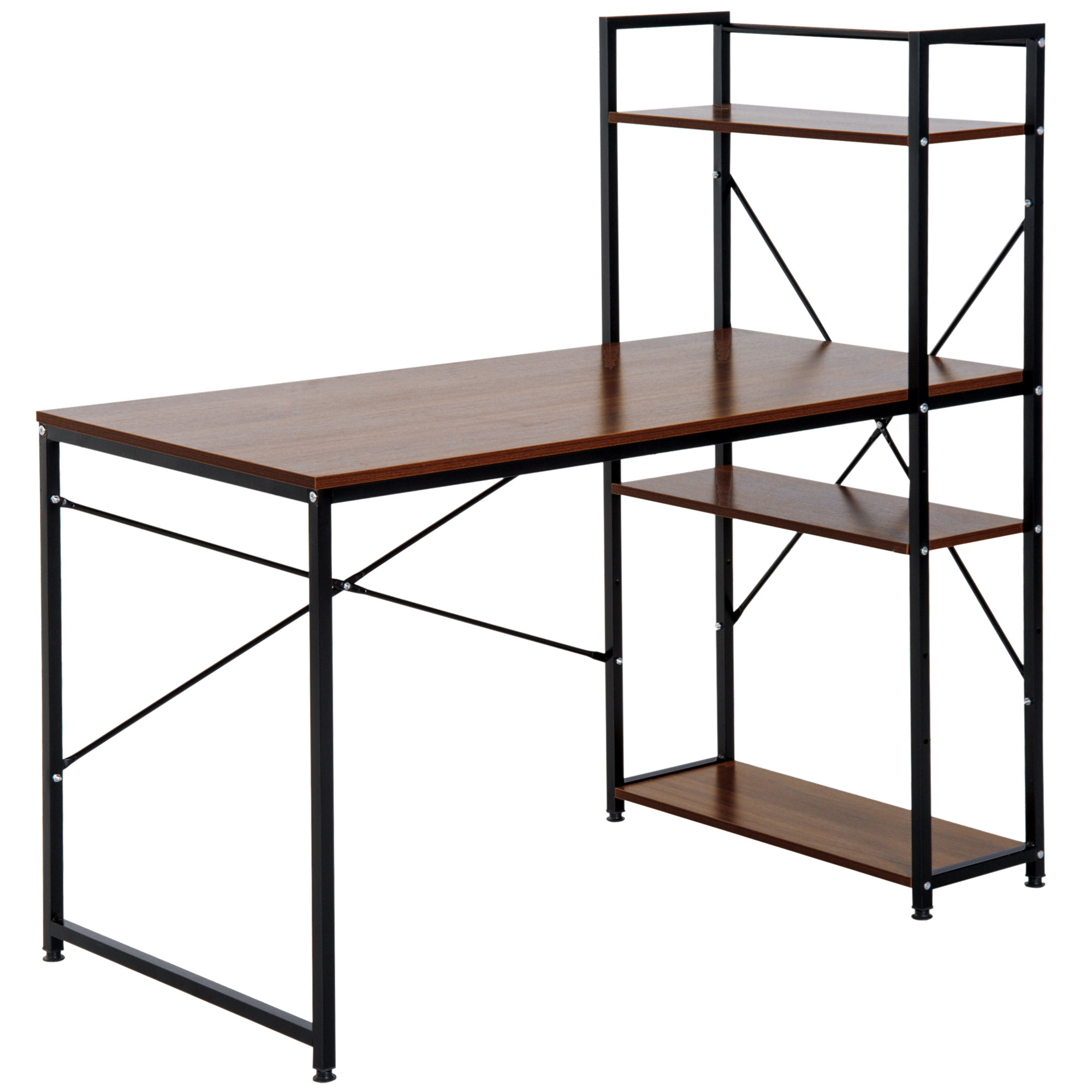 HOMCOM Birou de colț cu depozitare design industrial cu bibliotecă 3 rafturi panouri particulate aspect nuc metal negru | Aosom Romania