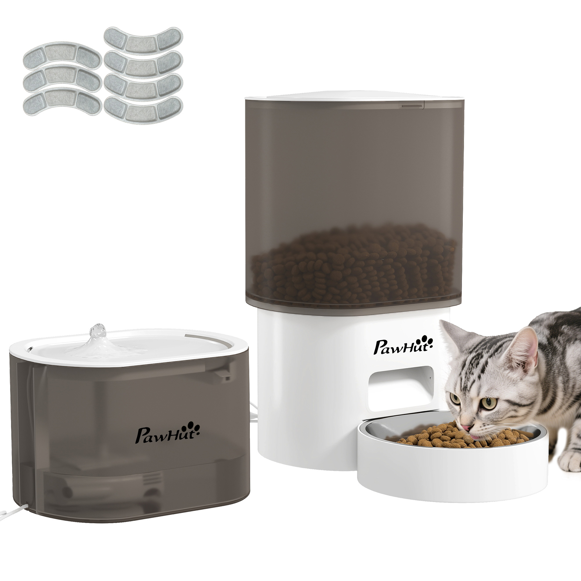 PawHut Set de hrană și distribuitor de apă pentru animale de companie, distribuitor pentru pisică și fontană de apă, alb | Aosom Romania