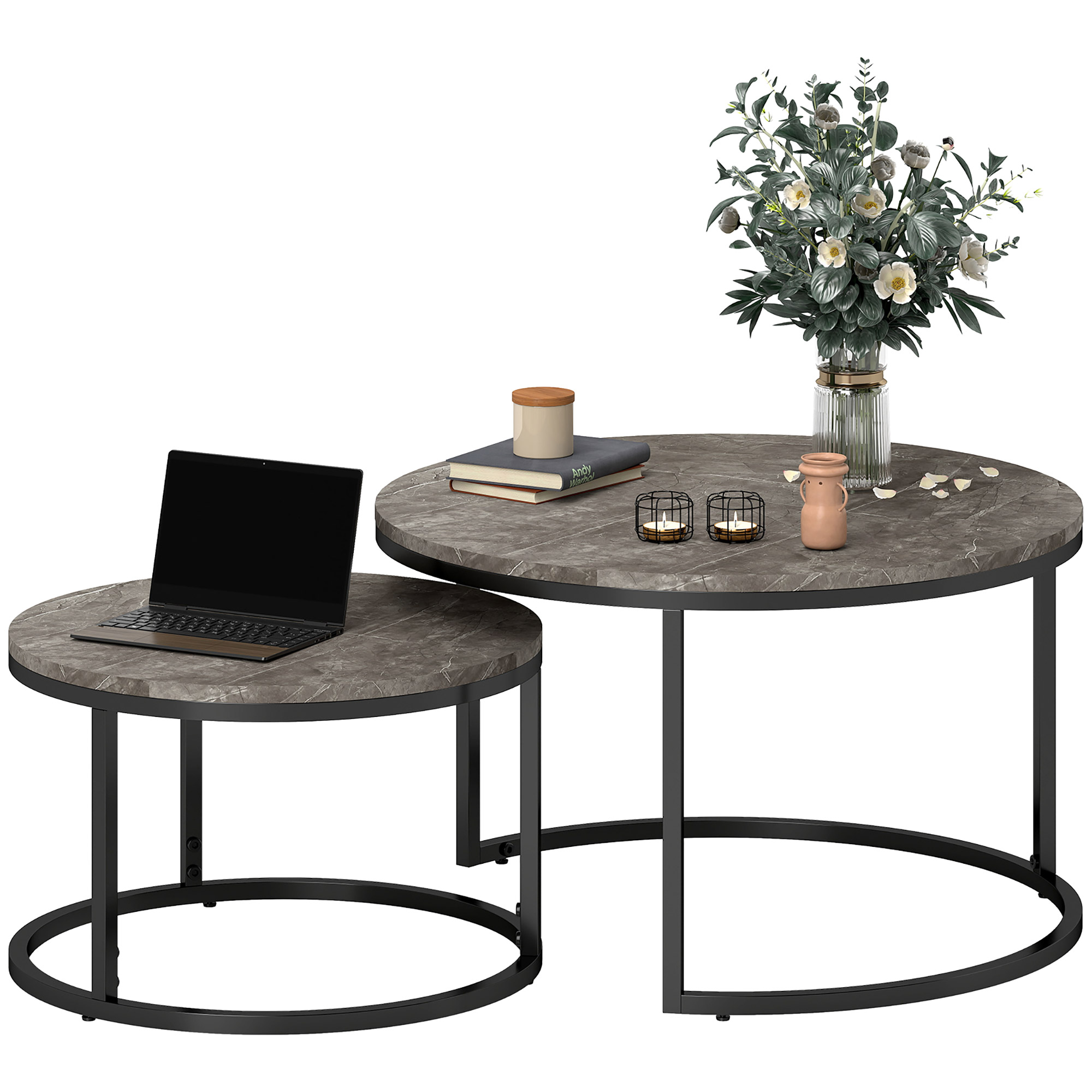 HOMCOM Set de 2 mese laterale înglobabile design industrial cu blaturi imitație de ciment și picioare metalice gri | Aosom Romania