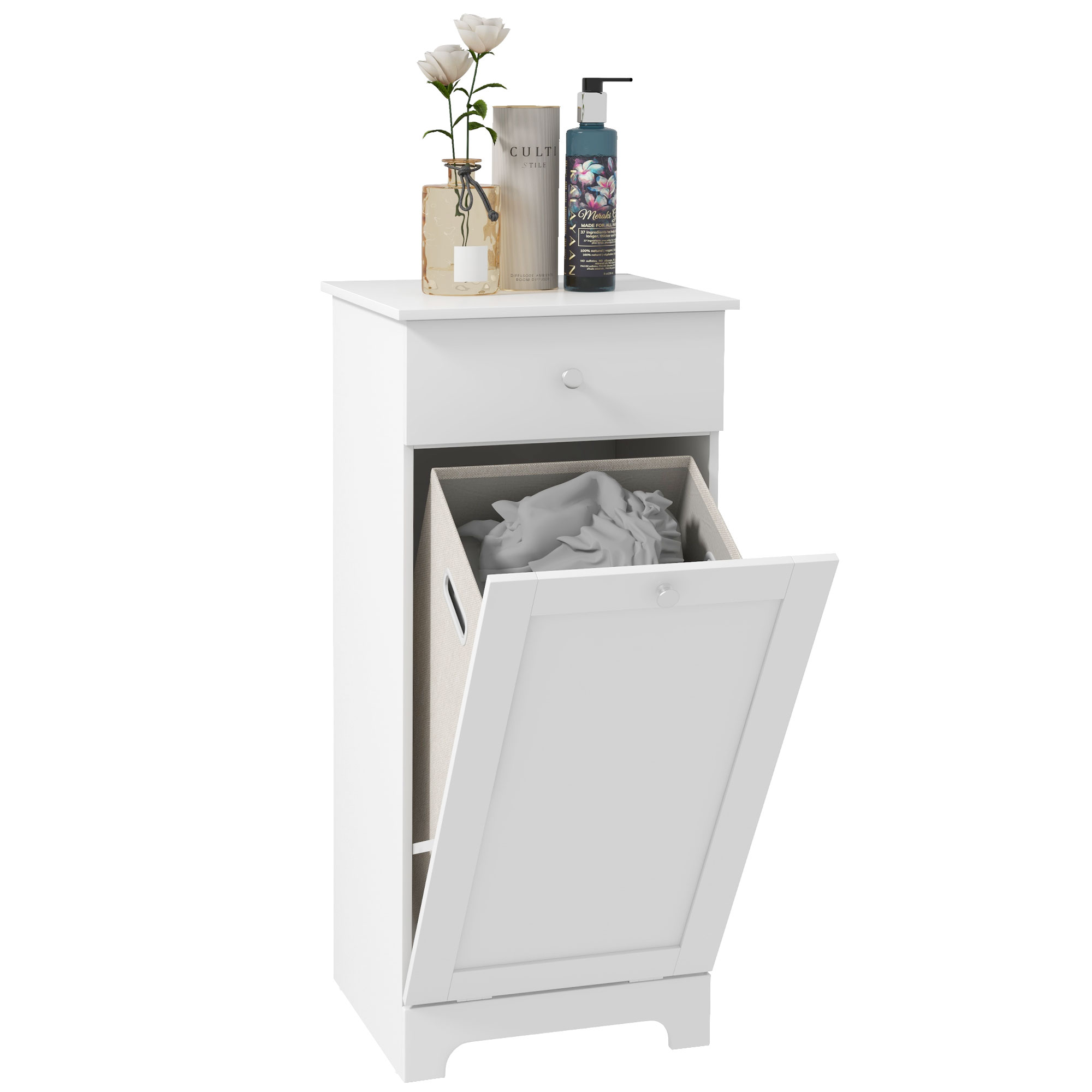 HOMCOM Mobilier de baie cu coș pentru rufe, mobilier de depozitare cu sertar - 40L x 40l x 90,5Î cm - alb | Aosom Romania