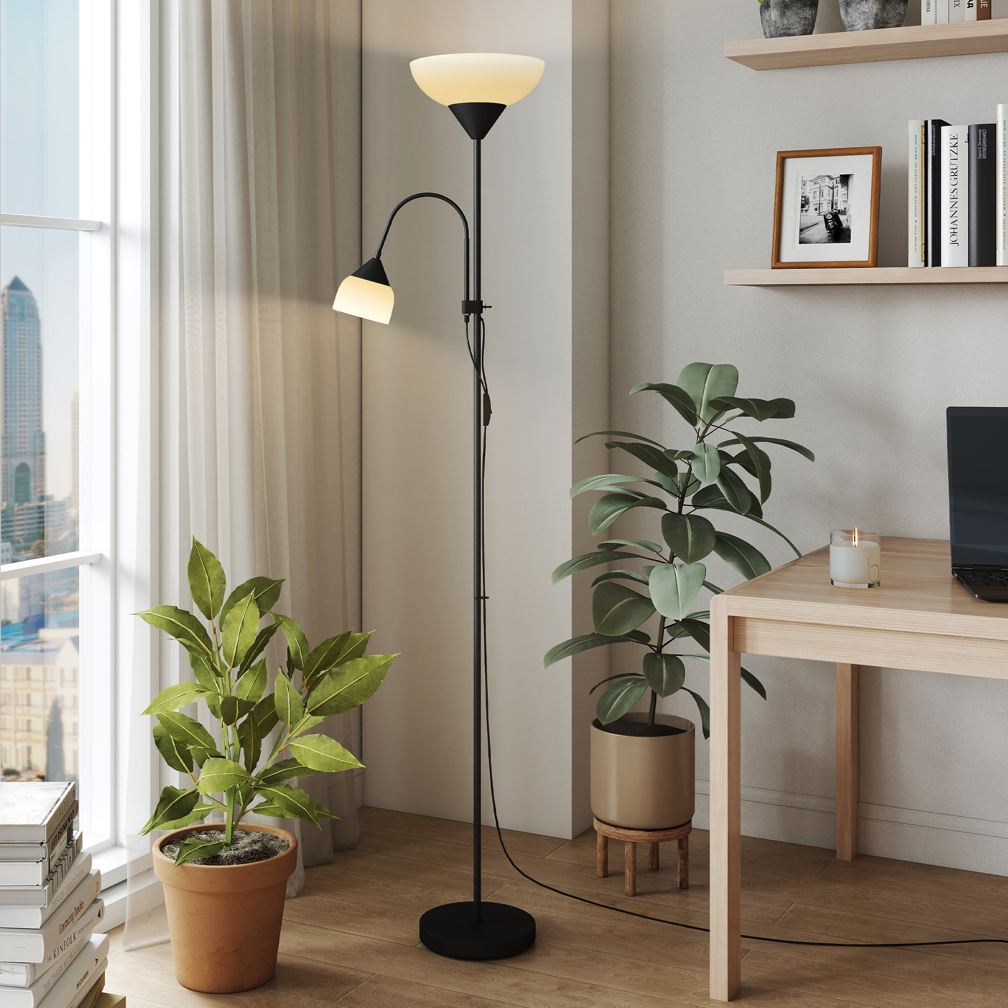 HOMCOM LED Floor Lamp for Living Room, 180cm Tall Standing Lamp, Mother and Child Uplighter with Adjustable Gooseneck, 3000K/4500K/6500K Colour Temperatures, Black 9