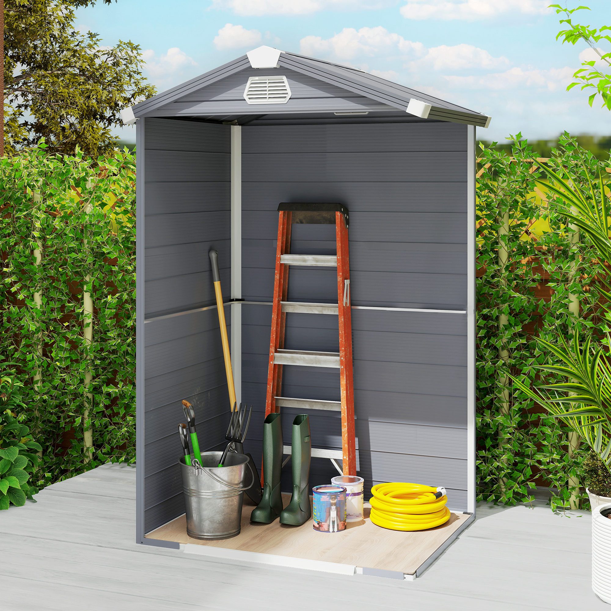Outsunny 4.4ft x 3.3ft size Aluminium Frame and Plastic Wall Shed, with Foundation Grey 9