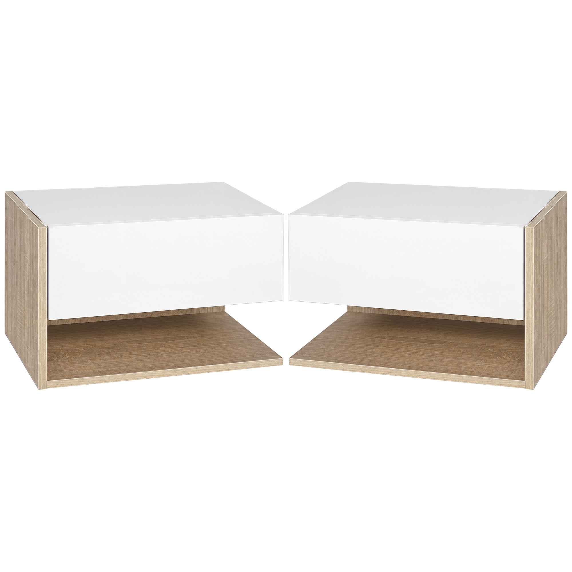 HOMCOM Set de 2 Noptiere murale - Set de 2 Noptiere - Sertar Glisant Raft Bicolor Aspect stejar Alb | Aosom Romania