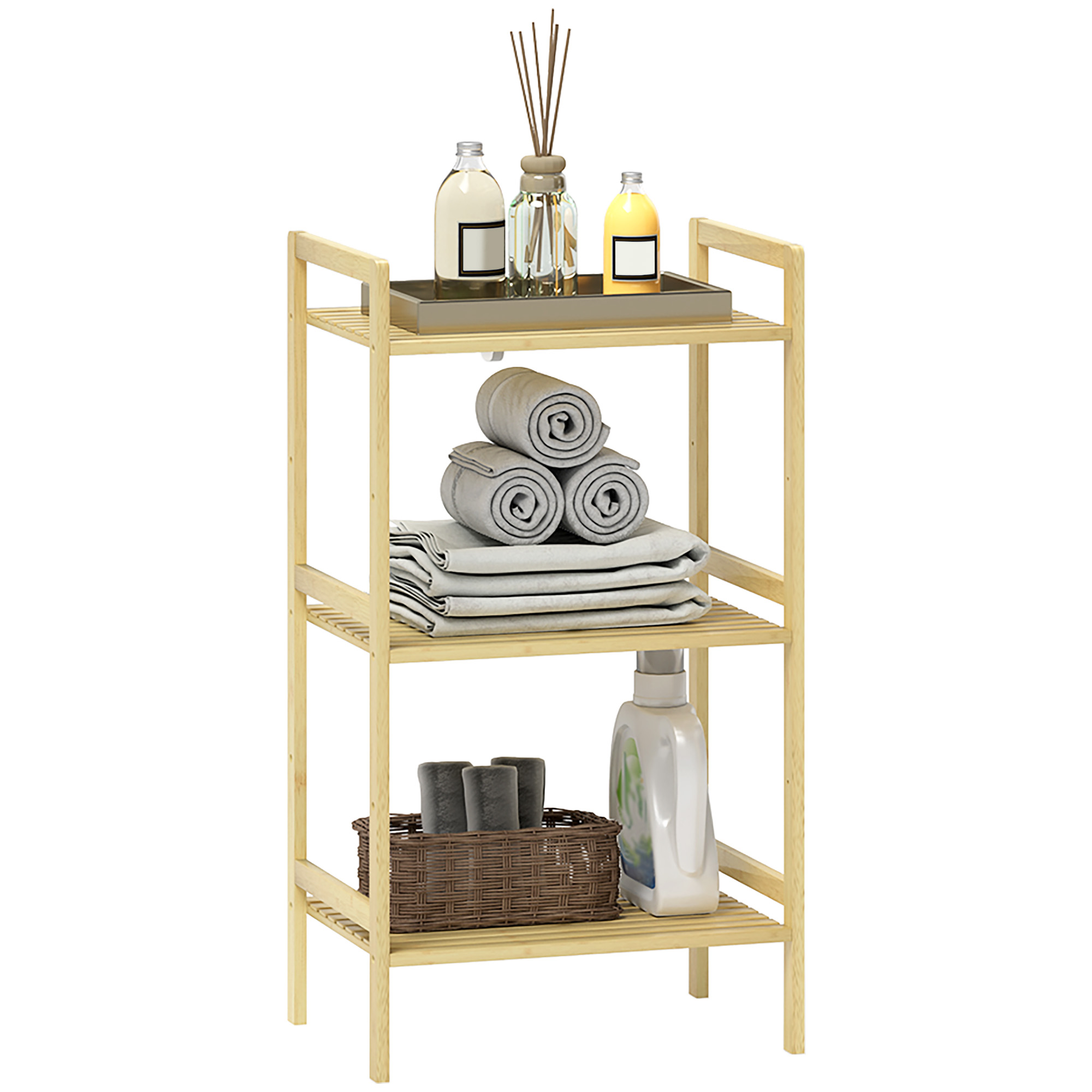 HOMCOM Raft baie 3 nivele raft din bambus 3 rafturi reglabile 5 poziții 43,5 x 31,5 x 80 cm lemn natural | Aosom Romania