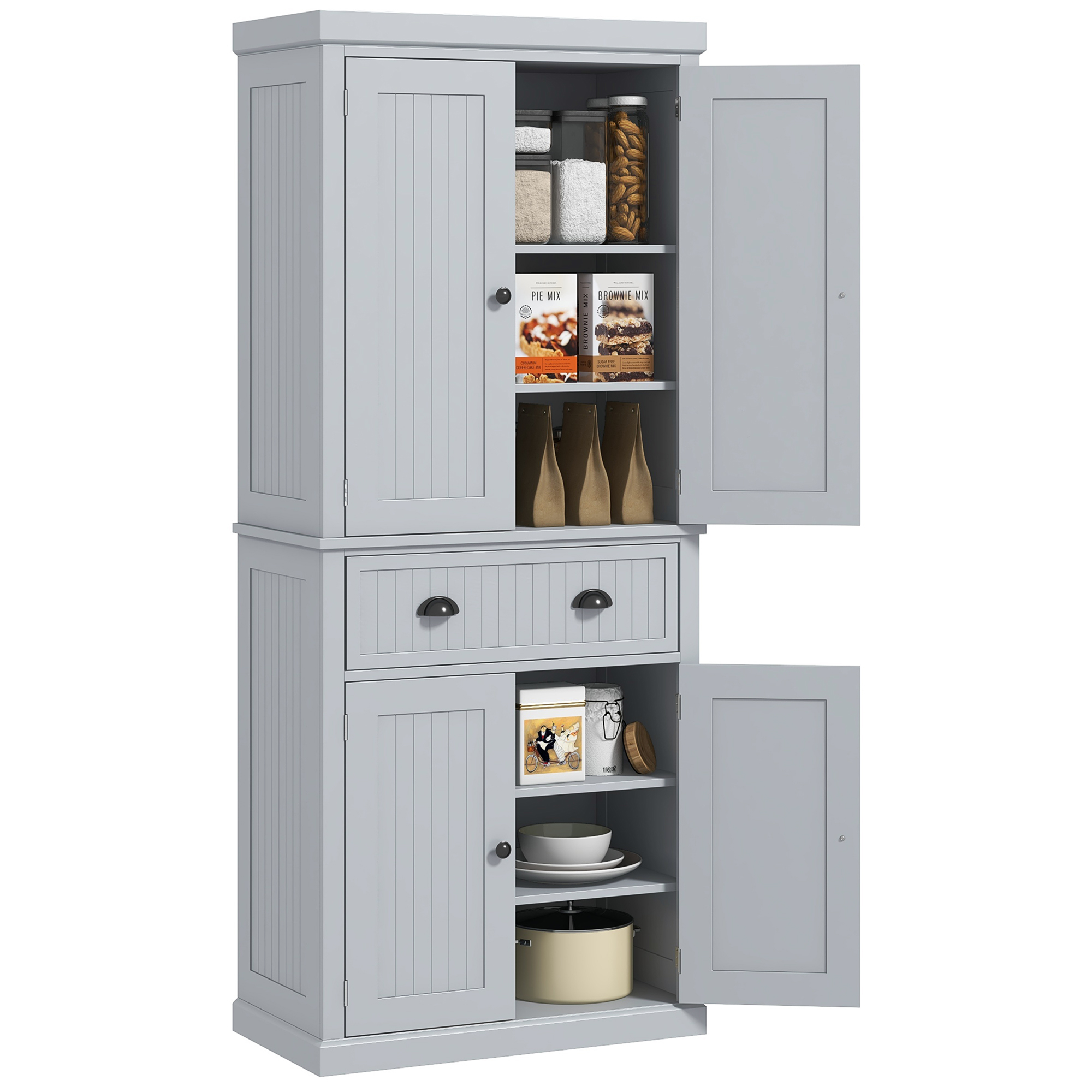 HOMCOM Dulap de bucătărie bufet cu multiple spații de depozitare, rafturi reglabile, 4 uși și sertar mare 76,2 x 40,2 x 183 cm gri | Aosom Romania