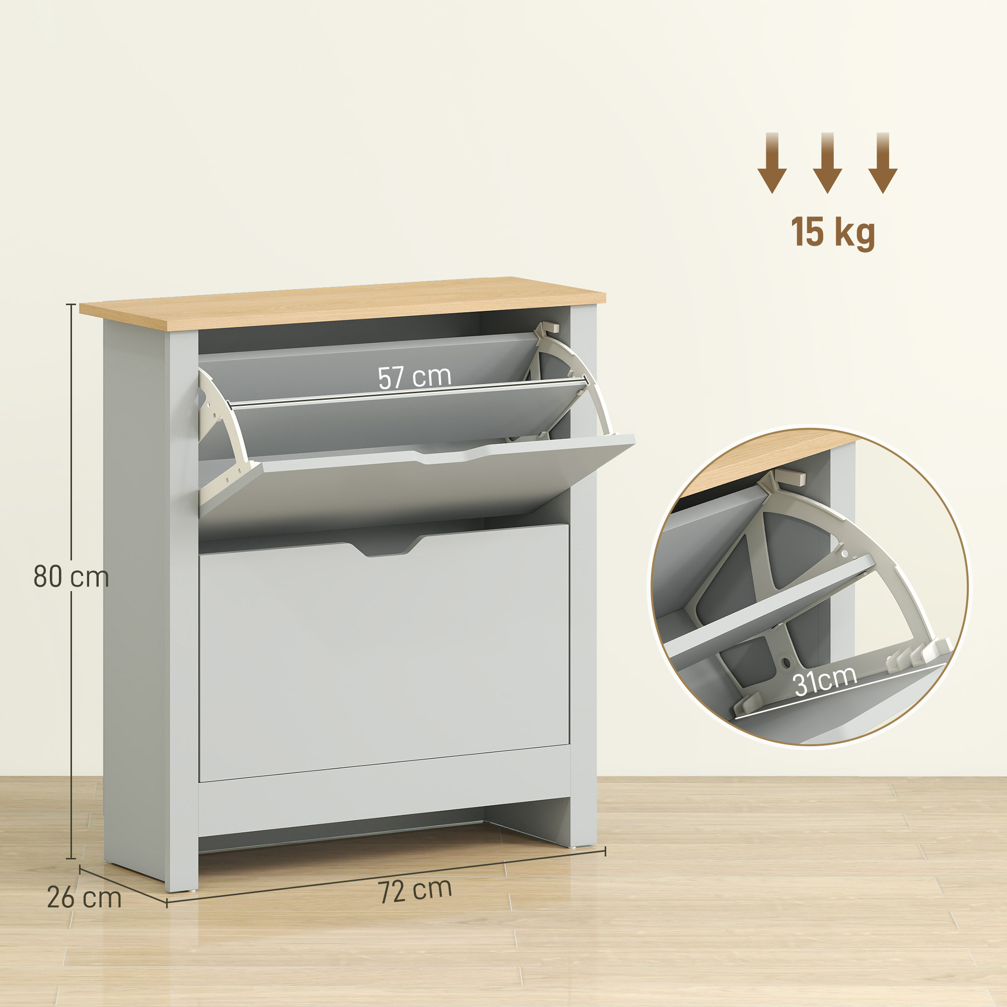 HOMCOM Slim Shoe Cabinet, Narrow Shoe Cupboard with 2 Flip Drawers, Adjustable Shelves for 12 Pairs of Shoes, Light Grey 3