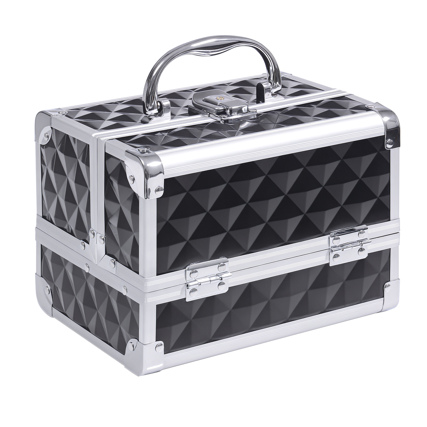 HOMCOM Geantă de machiaj depozitare la 3 nivele cu oglindă lacăt cu 2 chei dim. 20L x 15l x 15H cm negru | Aosom Romania
