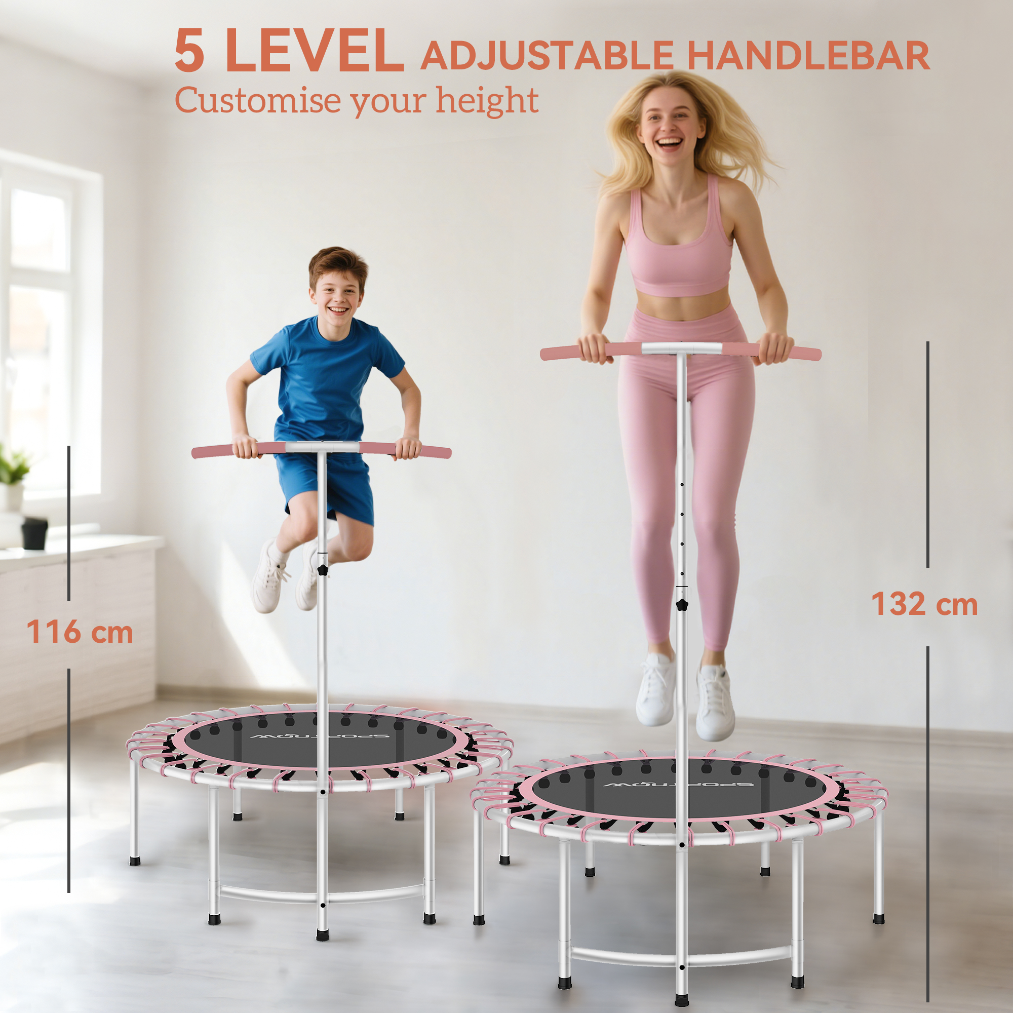 SPORTNOW 40" Fitness Trampoline, Mini Rebounder Trampoline for Adults with 5-Level Adjustable Handle, Indoor Exercise Bungee Rebounder, Max Load 100KG, Pink 4