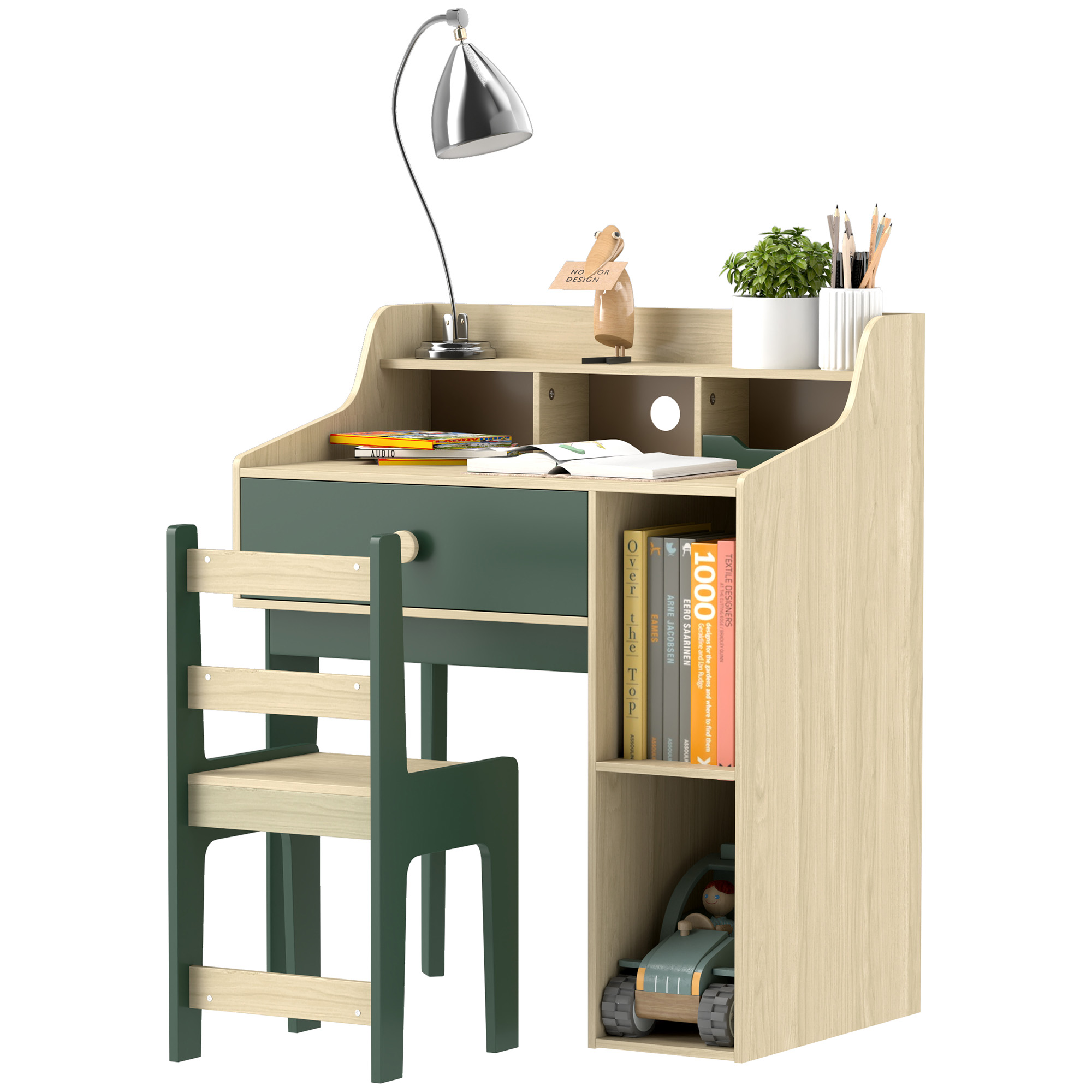 AIYAPLAY Set birou și scaun pentru copil cu rafturi de depozitare și sertar, mobilier pentru copii de la 3 la 10 ani, verde | Aosom Romania
