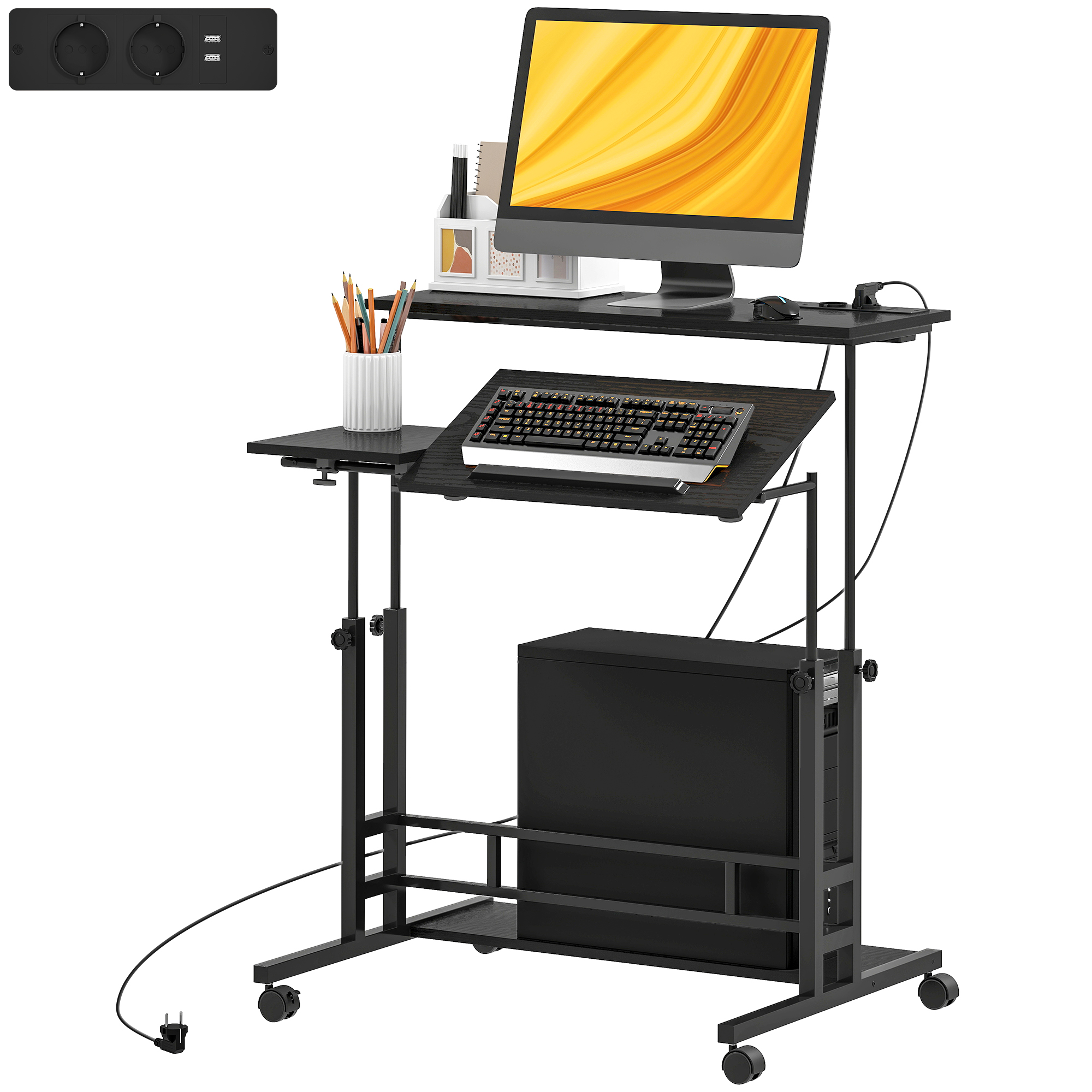 HOMCOM Bureau Réglable avec Roulettes Prises Ports USB Hauteur Ajustable Panneau Central Incliné et Etagère 80x60 cm Noir