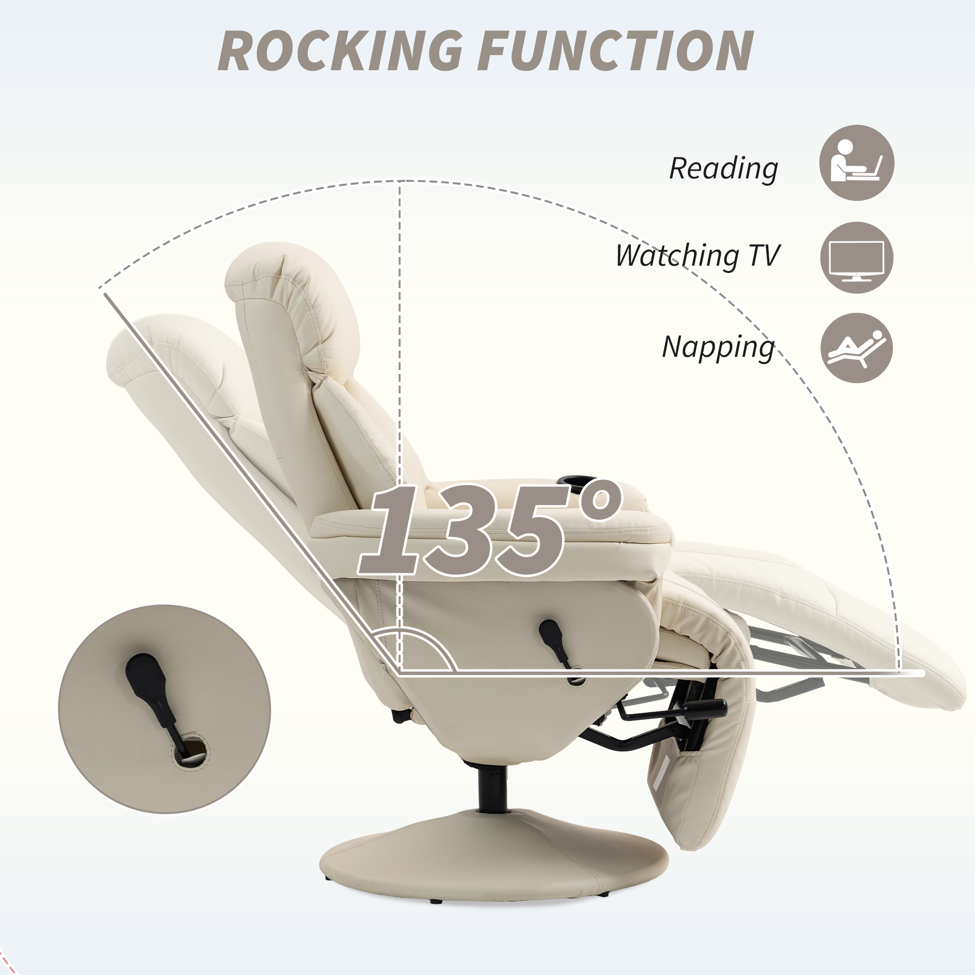 HOMCOM Manual Recliner Chair with Footrest, Upholstered Reclining Armchair with Adjustable Backrest and Cup Holder, PU Leather Swivel Chair for Living Room, Bedroom, Cream White 4