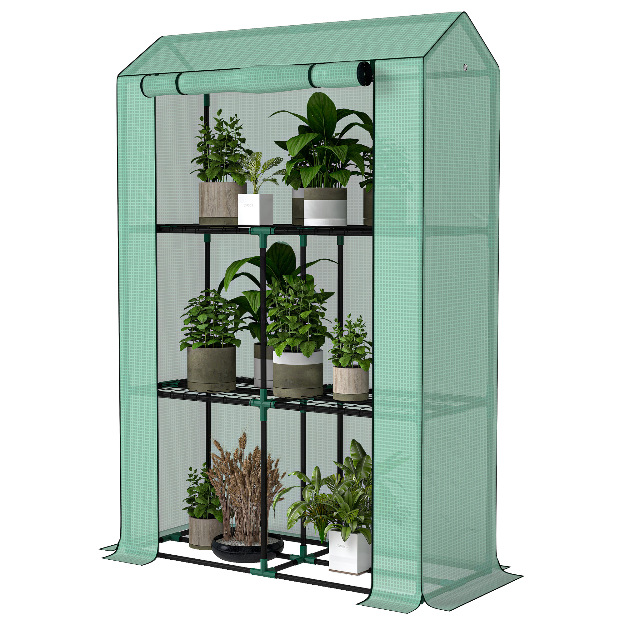 Outsunny Serre de jardin avec étagères 3 niveaux serre d'hivernage bâche renforcée en PE porte enroulable 100 x 40 x 150 cm vert