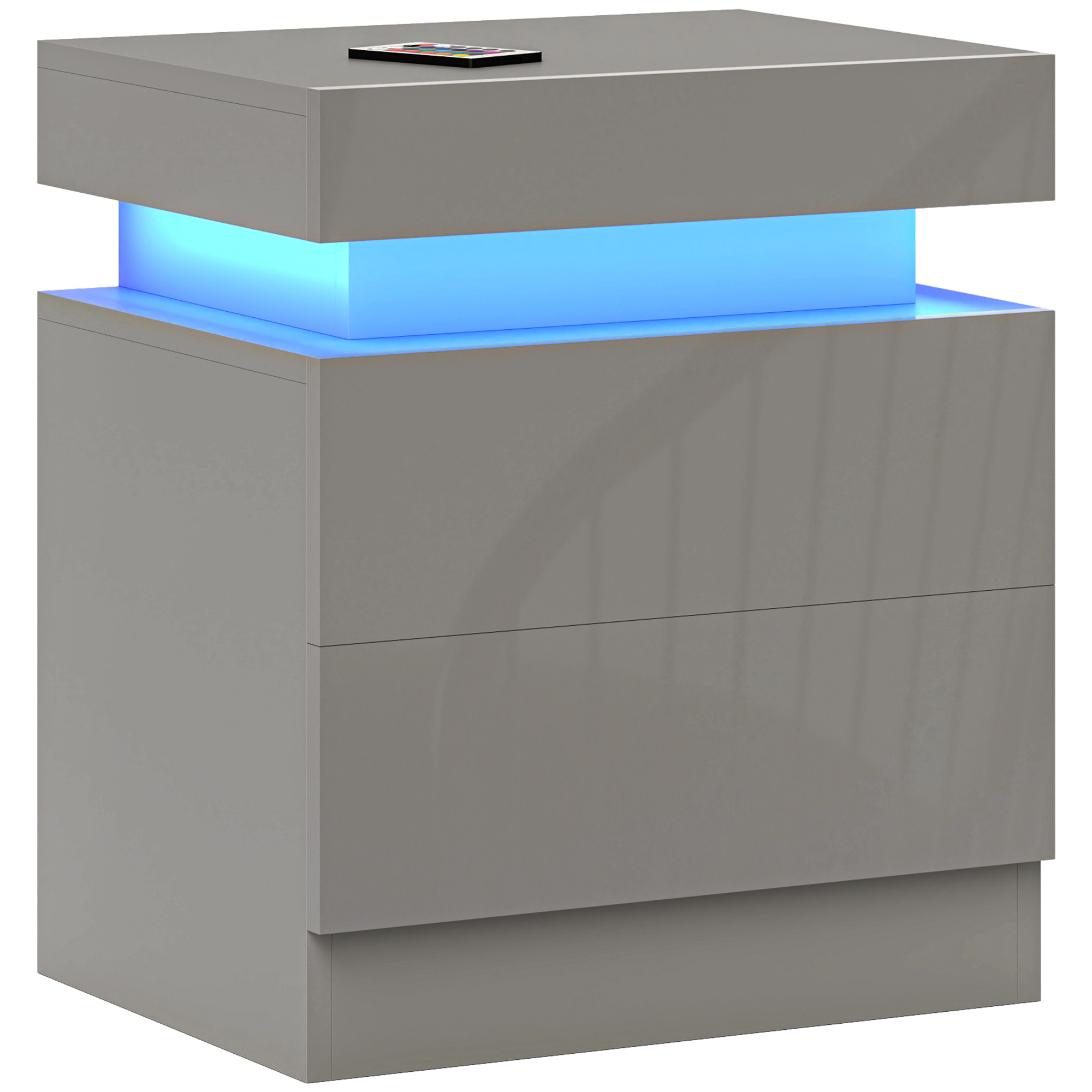 HOMCOM Mesa de Noapte cu Lumini LED 2 Sertare și Telecomandă Masă de Noapte pentru Dormitor Sufragerie 45x35x52 cm Gri | Aosom Romania