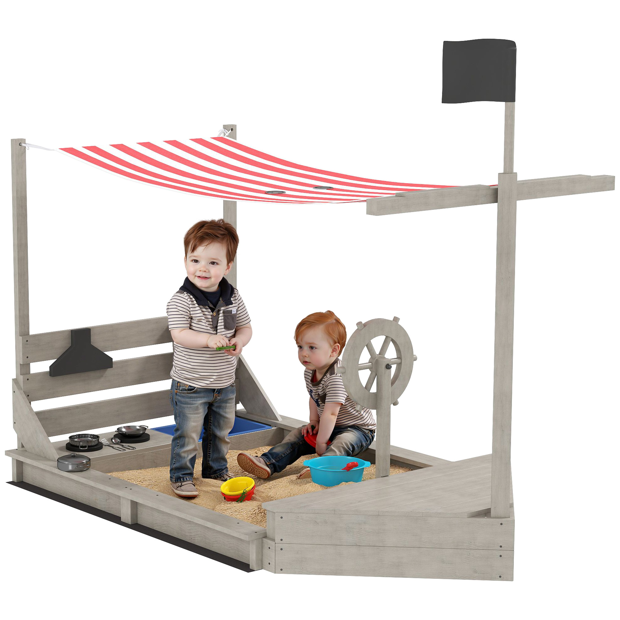 Outsunny Cutie de nisip cu parasolar Vapor pirat, inclusiv set de joc de bucătărie pentru copii, Lemn masiv, 180 x 103 x 144,5 cm, Gri | Aosom Romania