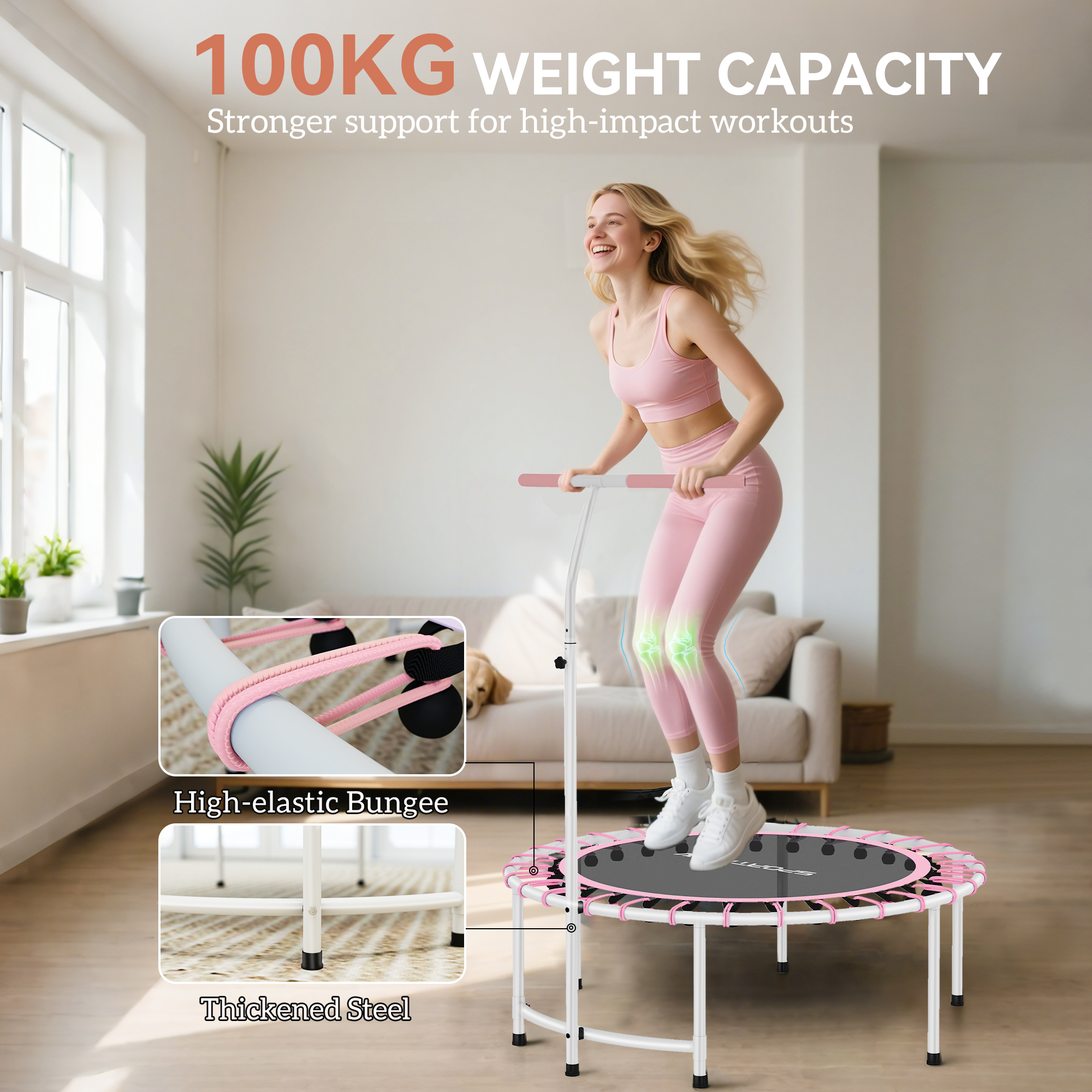 SPORTNOW 40" Fitness Trampoline, Mini Rebounder Trampoline for Adults with 5-Level Adjustable Handle, Indoor Exercise Bungee Rebounder, Max Load 100KG, Pink 5