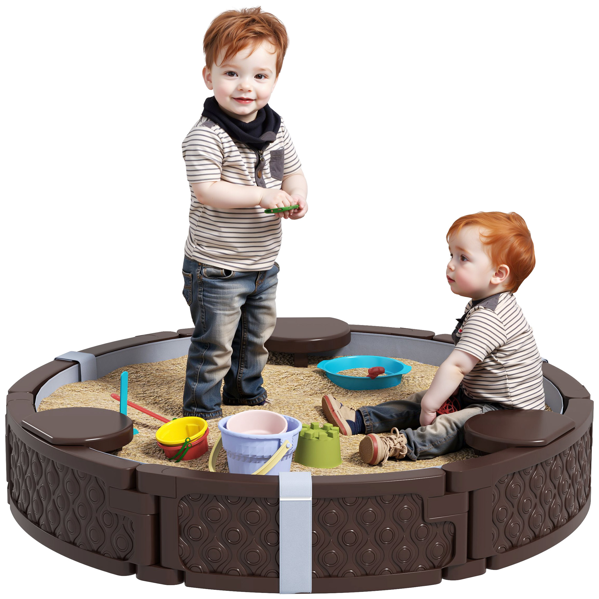 AIYAPLAY Cutie de nisip, Cutie de nisip rotunda pentru pana la 3 copii, cu 3 scaune, strat impermeabil, protectie impotriva intemperiilor, 300 kg de nisip | Aosom Romania