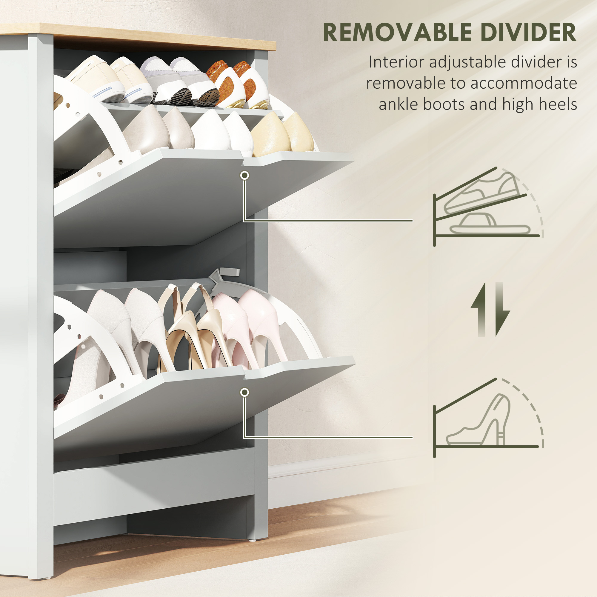 HOMCOM Slim Shoe Cabinet, Narrow Shoe Cupboard with 2 Flip Drawers, Adjustable Shelves for 12 Pairs of Shoes, Light Grey 6