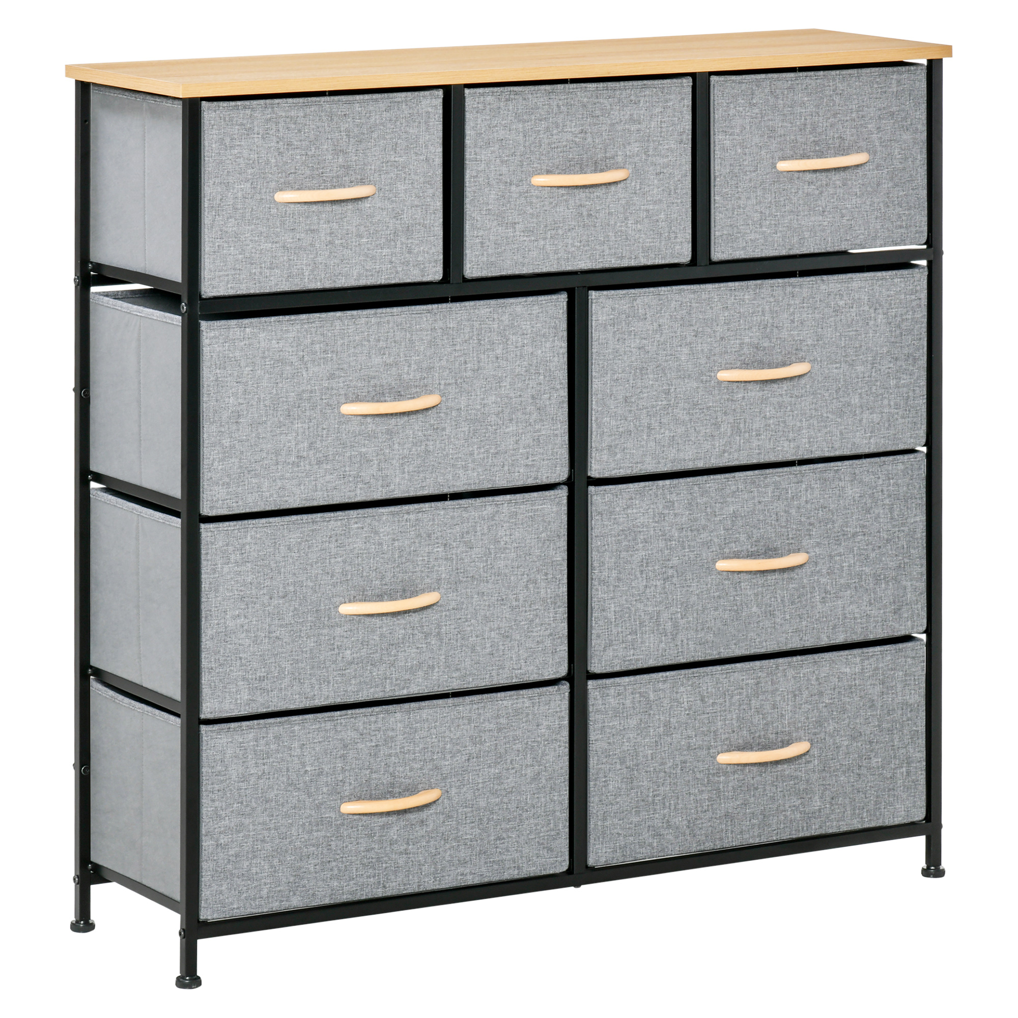 HOMCOM Comodă 9 sertare mobilier de depozitare sertar din material textil pliabil - structură oțel negru - 100 x 30 x 100 cm, stejar și gri | Aosom Romania