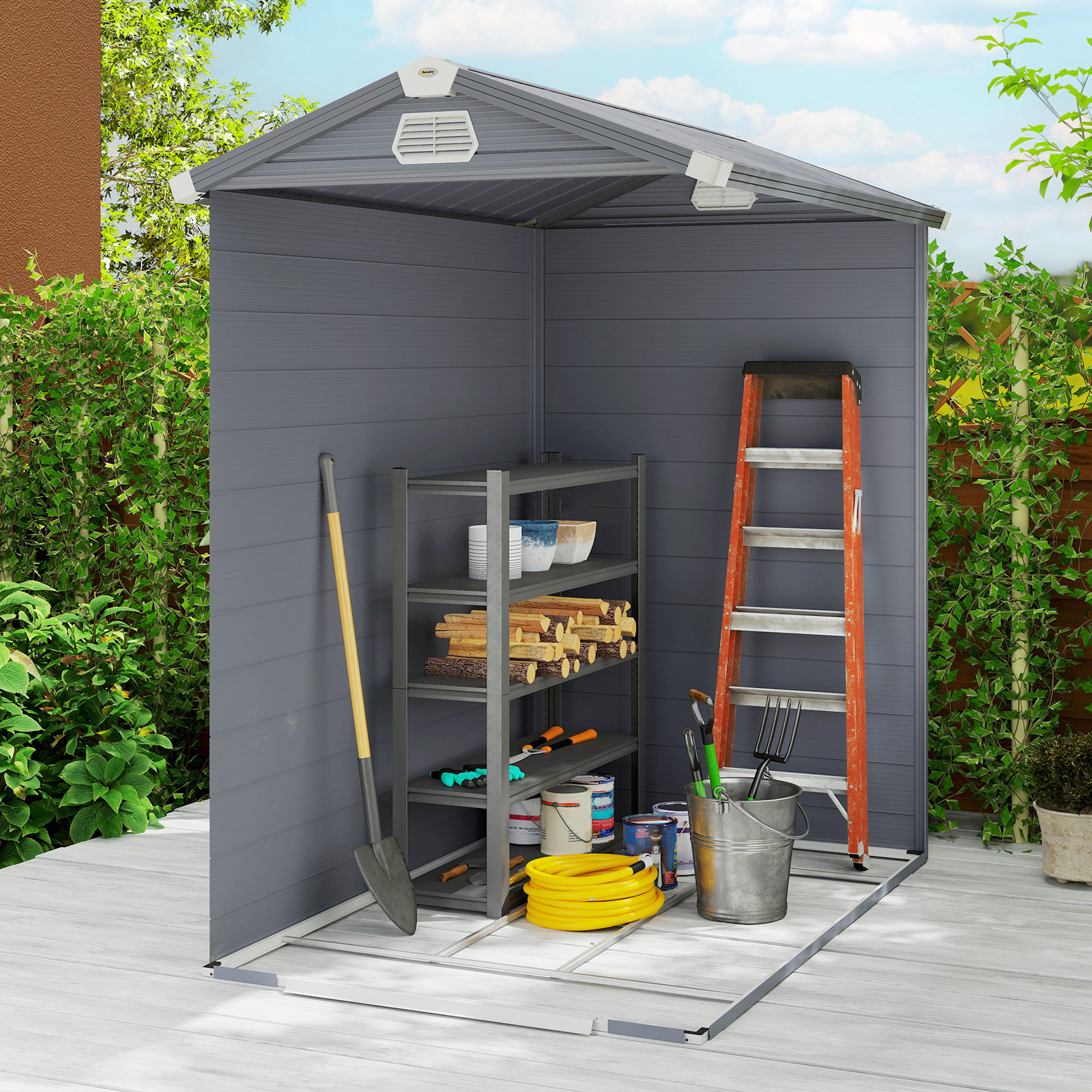 Outsunny 4.4ft x 6.2ft Aluminium Frame and Plastic Wall Shed, with Foundation Grey 9