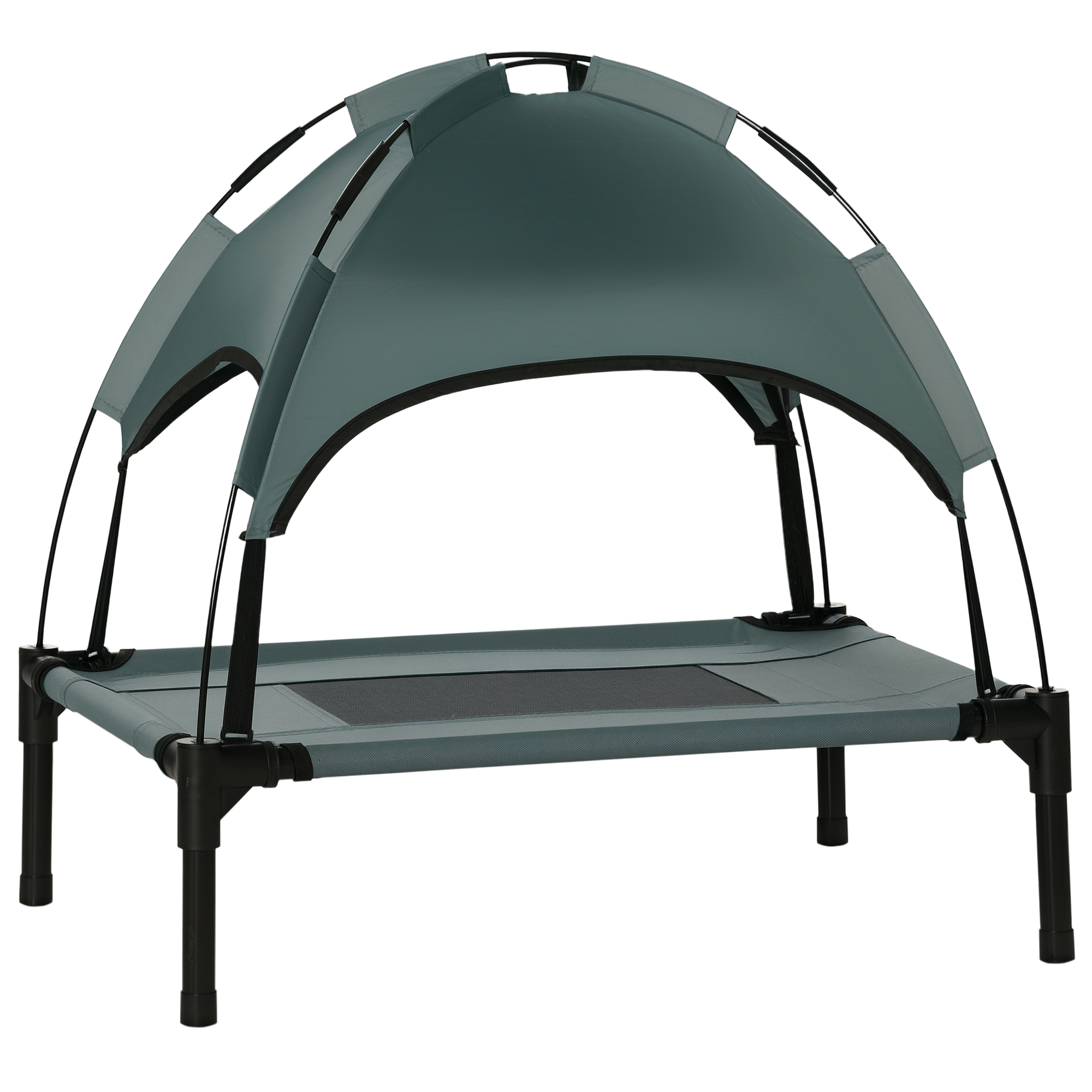 Pat PawHut pentru câini, cu parasol, pat de tabără pentru câini și pisici pe picioare cu material respirabil Oxford, anti-UV, cadru din metal inclus în sacul de transport, loc de dormit exterior pentru pisici 161 x 46 x 61 cm gri negru | Aosom Romania