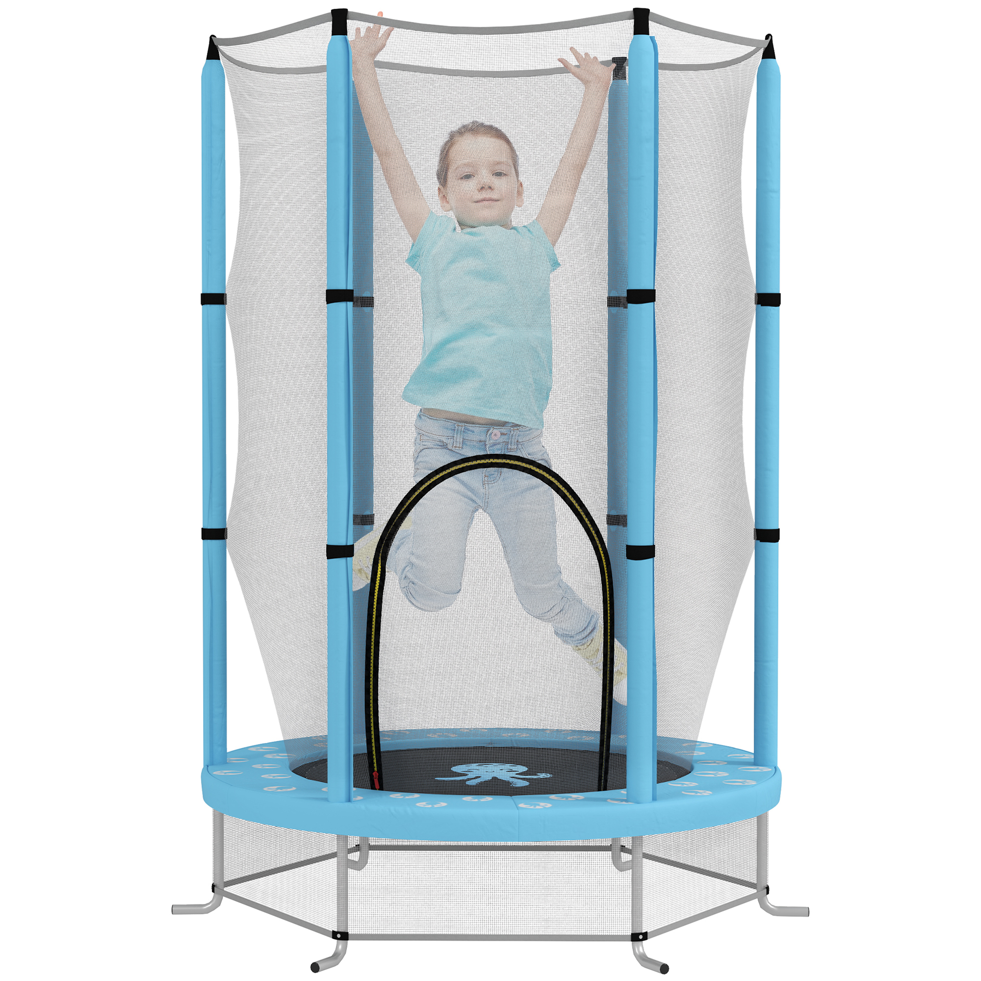 AIYAPLAY Trampolină pentru copii Ø140 cm, trampolină exterioară pentru copii 3-6 ani cu plasă de siguranță ușă cu fermoar bleu clair | Aosom Romania