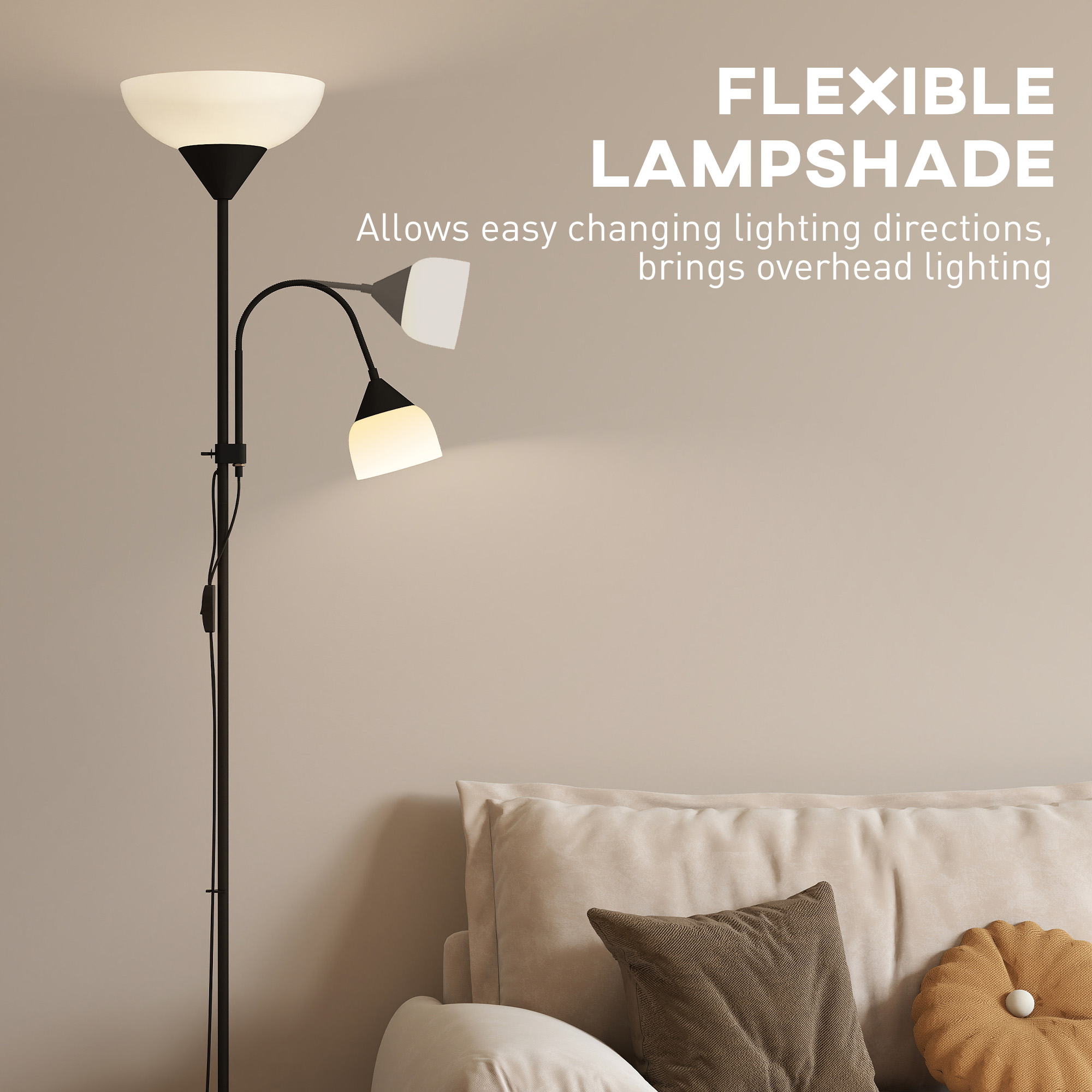 HOMCOM LED Floor Lamp for Living Room, 180cm Tall Standing Lamp, Mother and Child Uplighter with Adjustable Gooseneck, 3000K/4500K/6500K Colour Temperatures, Black 6