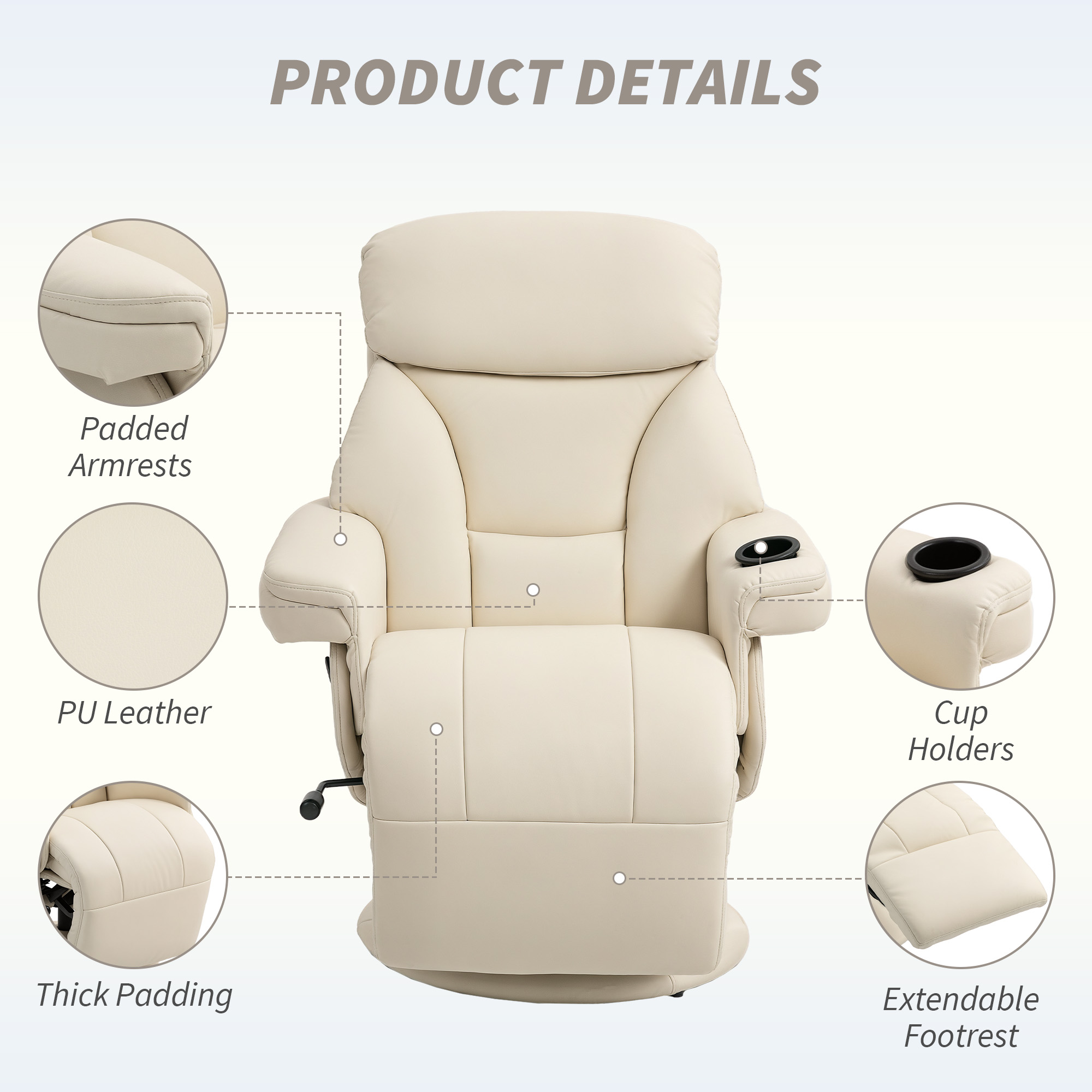 HOMCOM Manual Recliner Chair with Footrest, Upholstered Reclining Armchair with Adjustable Backrest and Cup Holder, PU Leather Swivel Chair for Living Room, Bedroom, Cream White 5