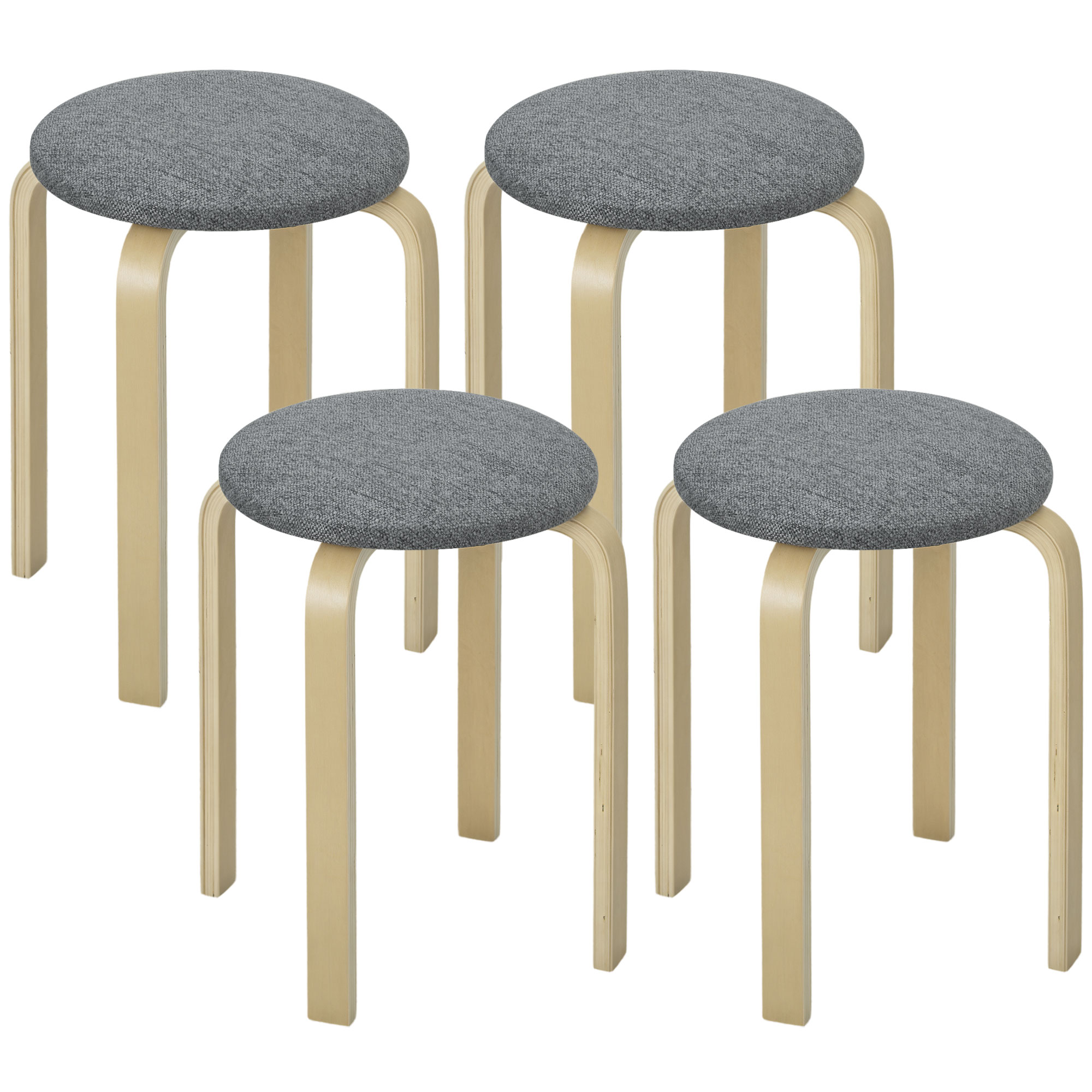 HOMCOM Set de 4 taburete empilabile rotunde fără spătar cu asise remberate, 40 x 40 x 45 cm, gri | Aosom Romania