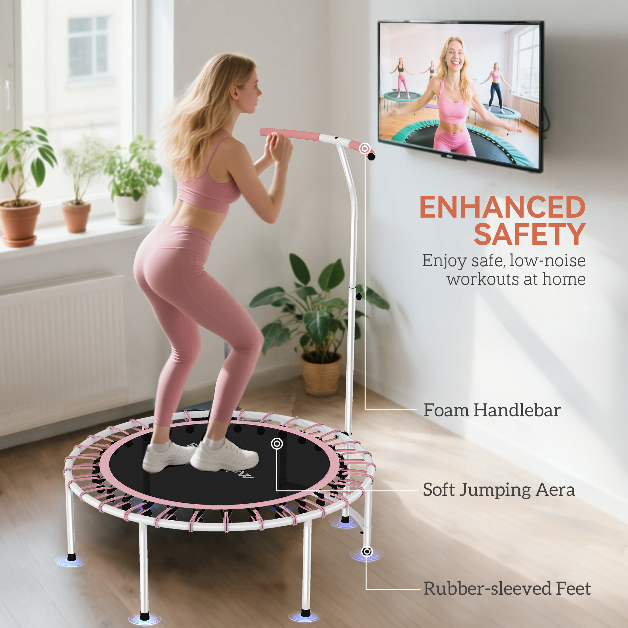 SPORTNOW 40" Fitness Trampoline, Mini Rebounder Trampoline for Adults with 5-Level Adjustable Handle, Indoor Exercise Bungee Rebounder, Max Load 100KG, Pink 6