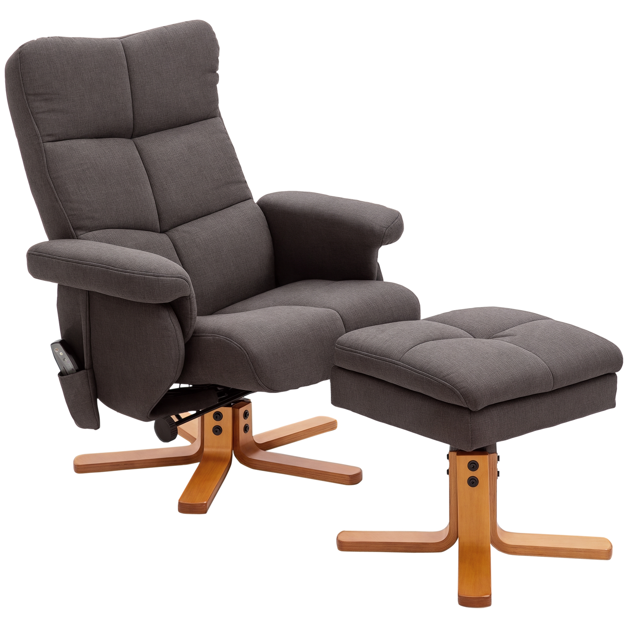Scaun de masaj HOMCOM cu taburet, 360° rotativ, electric, cu funcție de întindere și spațiu de depozitare, scaun de relaxare pentru televizor, poliester, maro | Aosom Romania