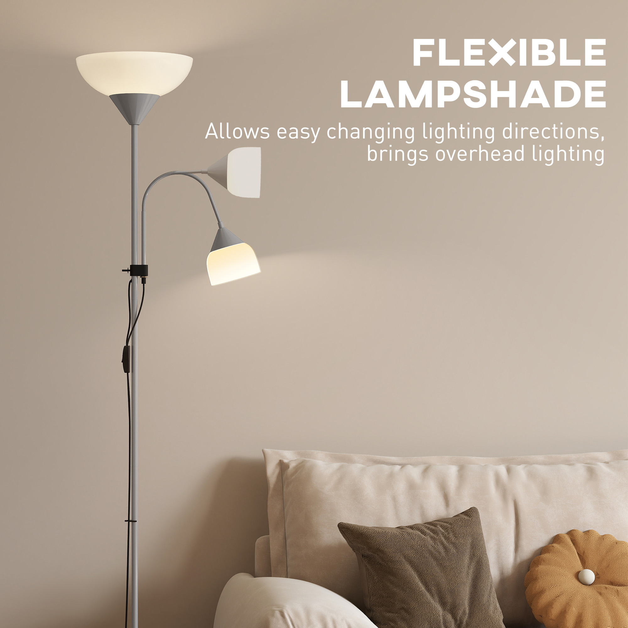 HOMCOM LED Floor Lamp for Living Room, 180cm Tall Standing Lamp, Mother and Child Uplighter with Adjustable Gooseneck, 3000K/4500K/6500K Colour Temperatures, Silver Tone 6