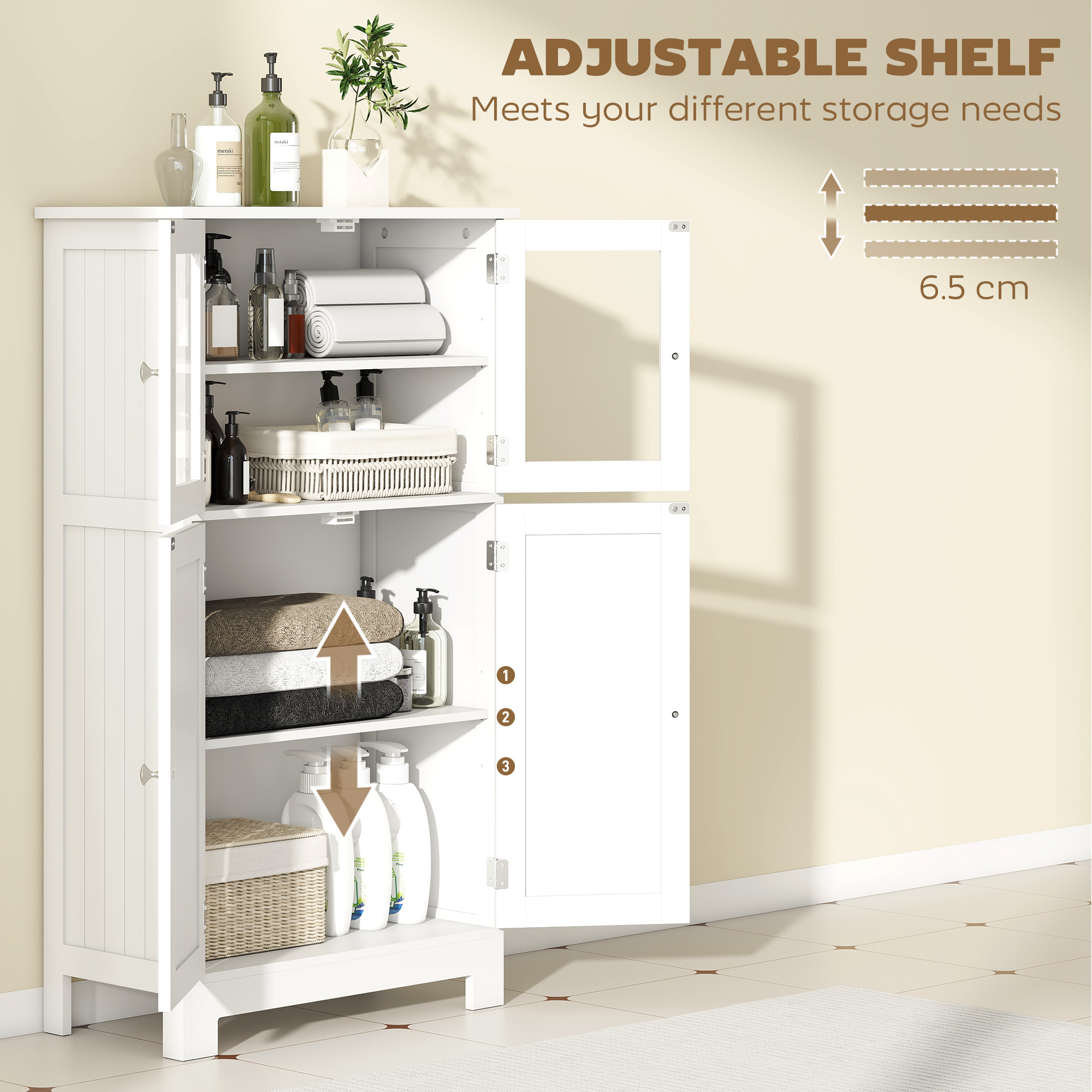 kleankin Bathroom Floor Cabinet, Freestanding Kitchen Cupboard with 2 Drawers, Adjustable Shelves and Tempered Glass Door, Wooden  Storage Unit for Living Room Kitchen Hallway 5