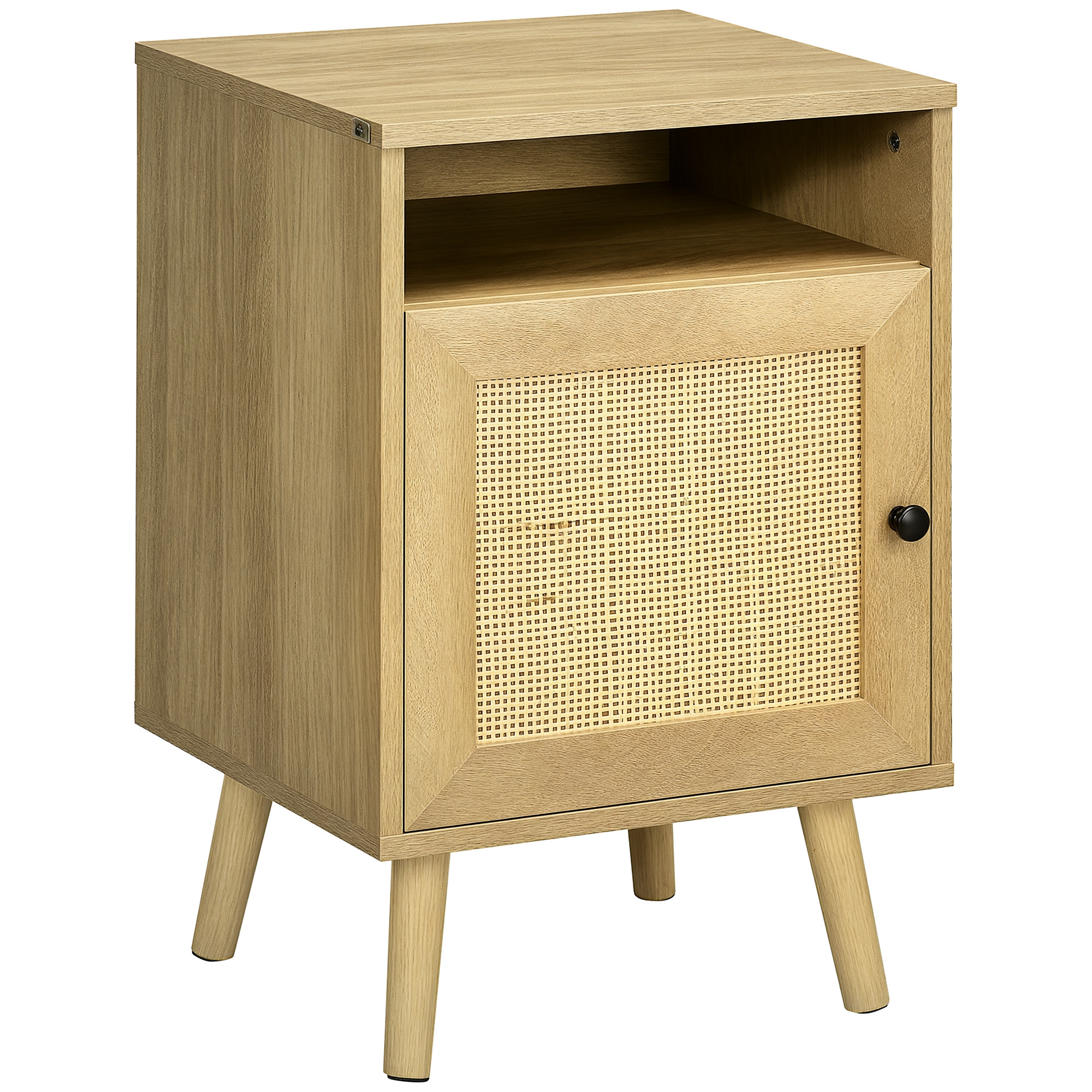 HOMCOM Noptieră cu Ușă de Ratan Masă Auxiliară pentru Dormitor Sufragerie Pat 39x35x60 cm Lemn Natural | Aosom Romania