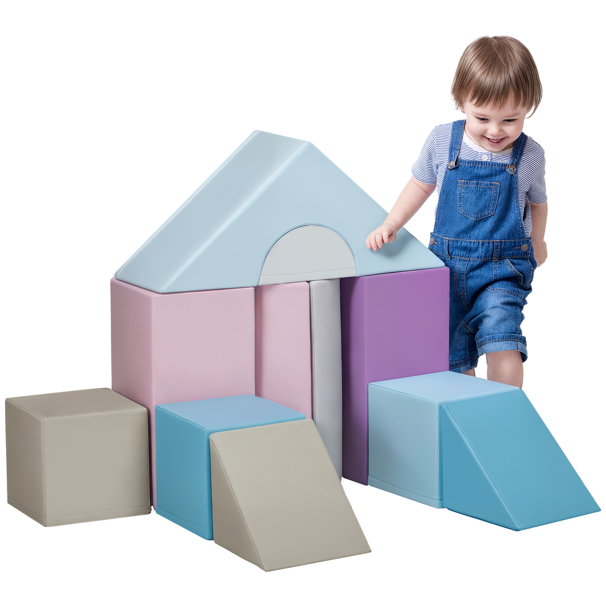 HOMCOM Set de 11 piese de blocuri moi, blocuri de spumă pentru a sări și a se cățăra, pentru copii, 1-3 ani, cu husă de piele artificială, Multicolor | Aosom Romania