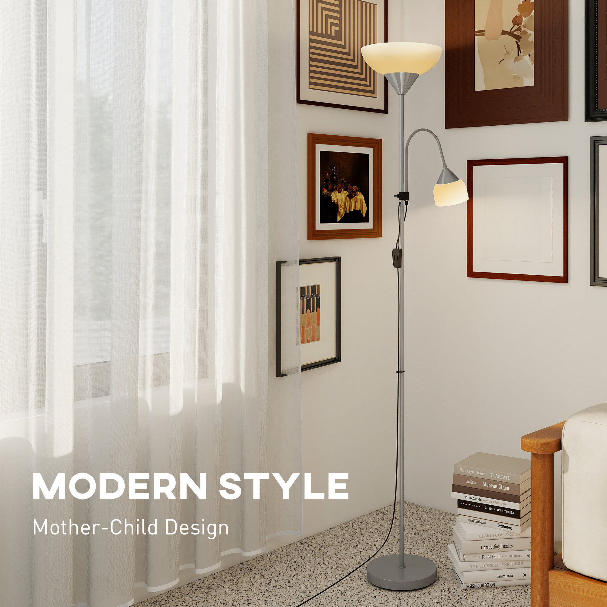 HOMCOM LED Floor Lamp for Living Room, 180cm Tall Standing Lamp, Mother and Child Uplighter with Adjustable Gooseneck, 3000K/4500K/6500K Colour Temperatures, Silver Tone 5