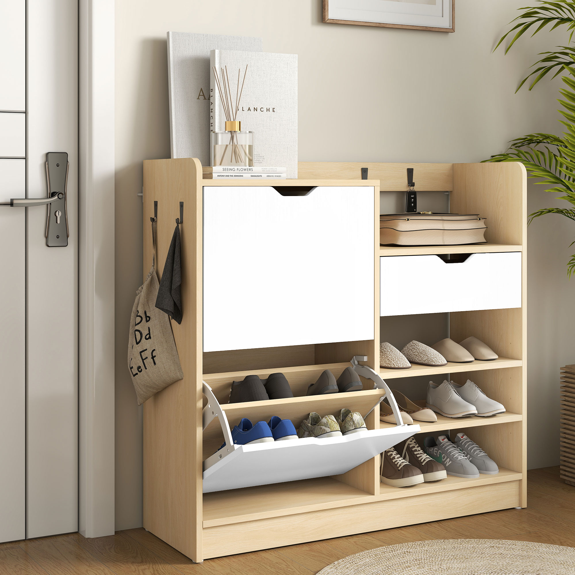 HOMCOM Schuhschrank Schmal mit 2 Klappen, 1 Schubladen, Schuhkipper, Schuhr günstig online kaufen